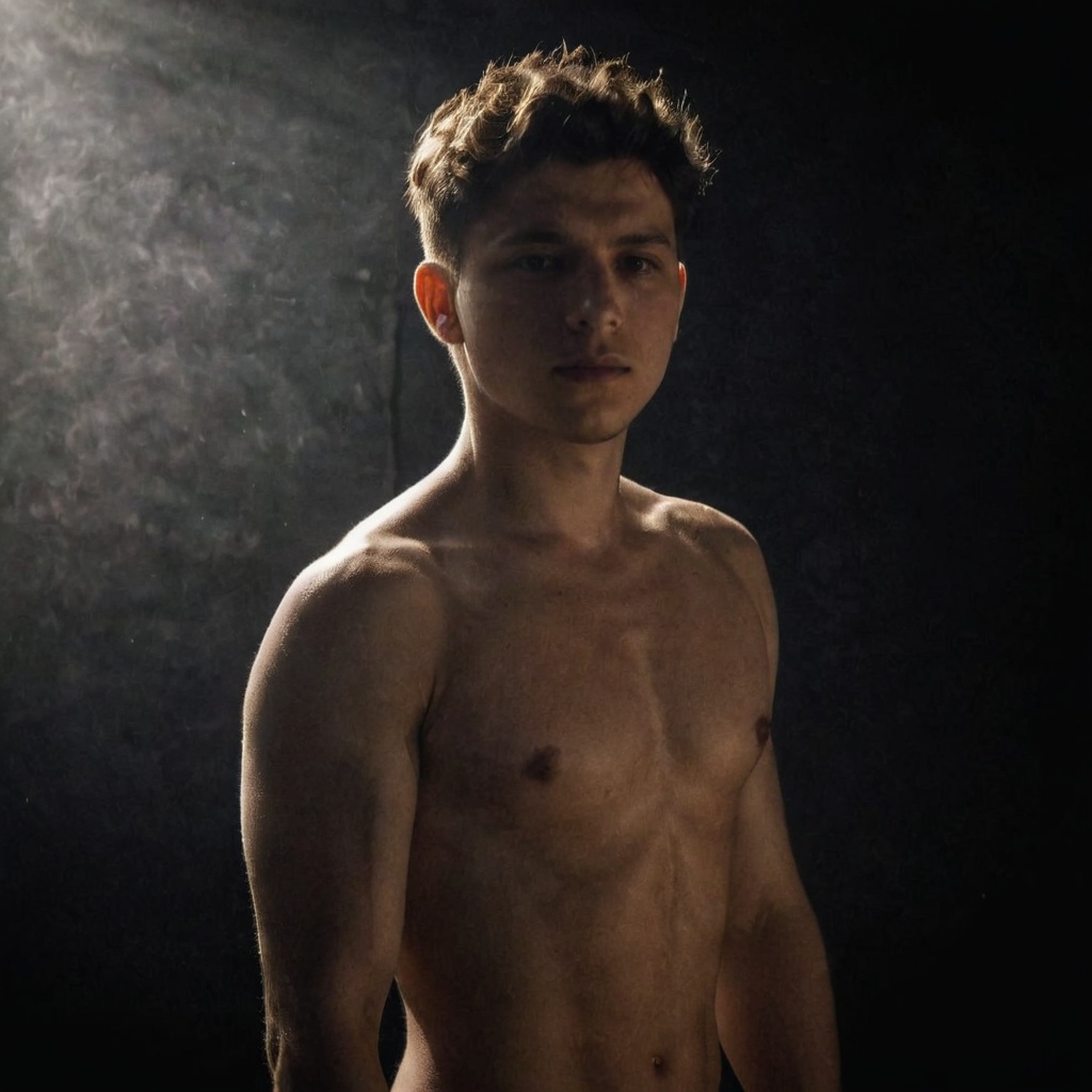 Establishing Shot. RAW Photo. Alluring & Beautiful,  muscular male Model. Studio Photography. ,  film grain on Tensor.Art