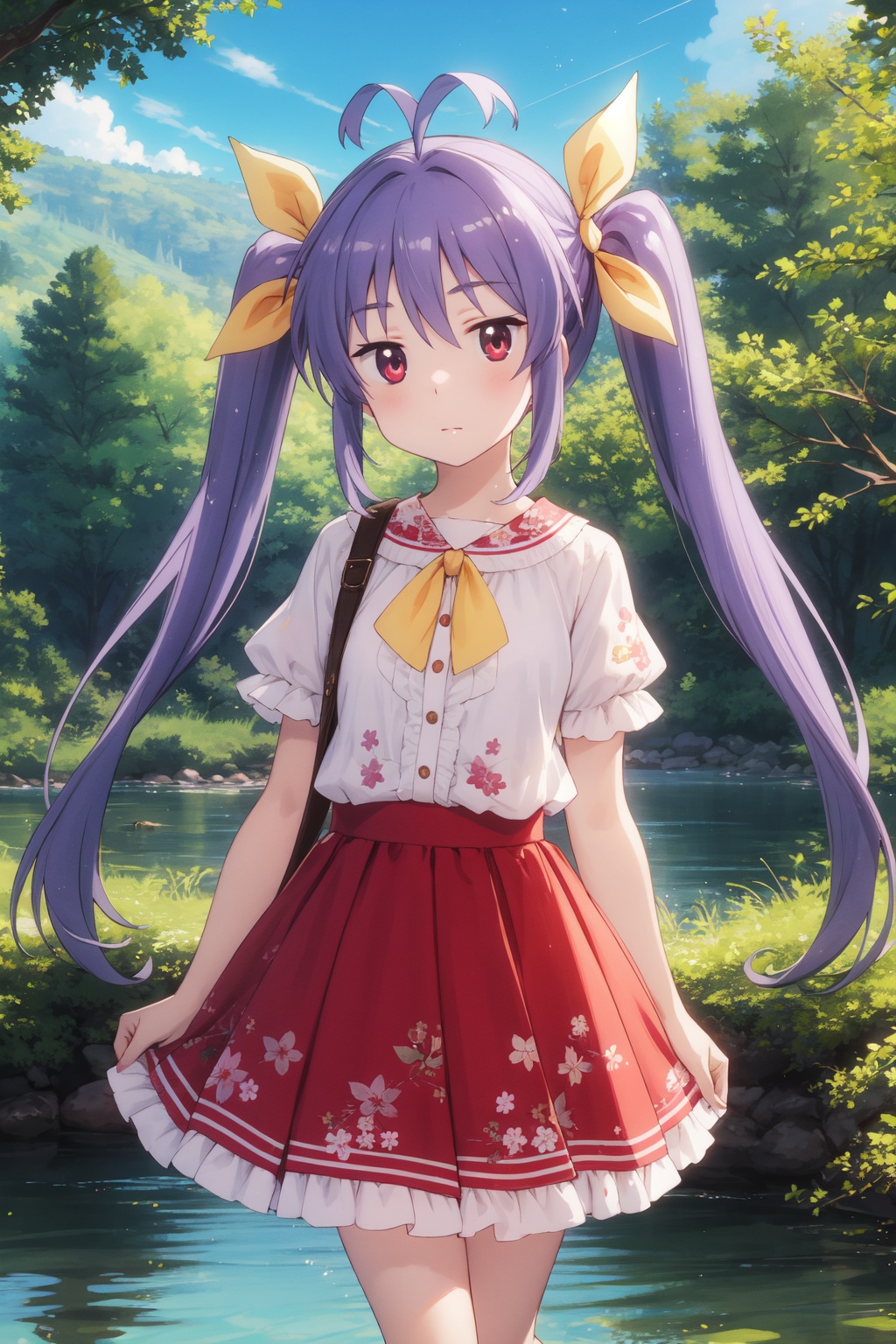 <lora:Renge-000003:0.8>,Renge CYQL,1girl,looking at viewer,solo,twintails,purple hair,long hair,antenna hair,hair ribbon,red eyes,loli,Frilled blouse worn with a printed bohemian long skirt and platform sneakers,Teasing, A playful smirk, a raised eyebrow, and a hint of dominance.,cowboy_shot,beautiful face,beautiful eyes,glossy skin,shiny skin,Mangroves, Forest, Water, Roots, Biodiversity, Wildlife, Serenity, Tides,(Grapevines, Harvested grapes, Tuscan villa, Wine barrels, Harvest festival, Golden sunlight:0.6),beautiful detailed sky,beautiful detailed glow,masterpiece,best quality,beautiful and aesthetic,wallpaper,