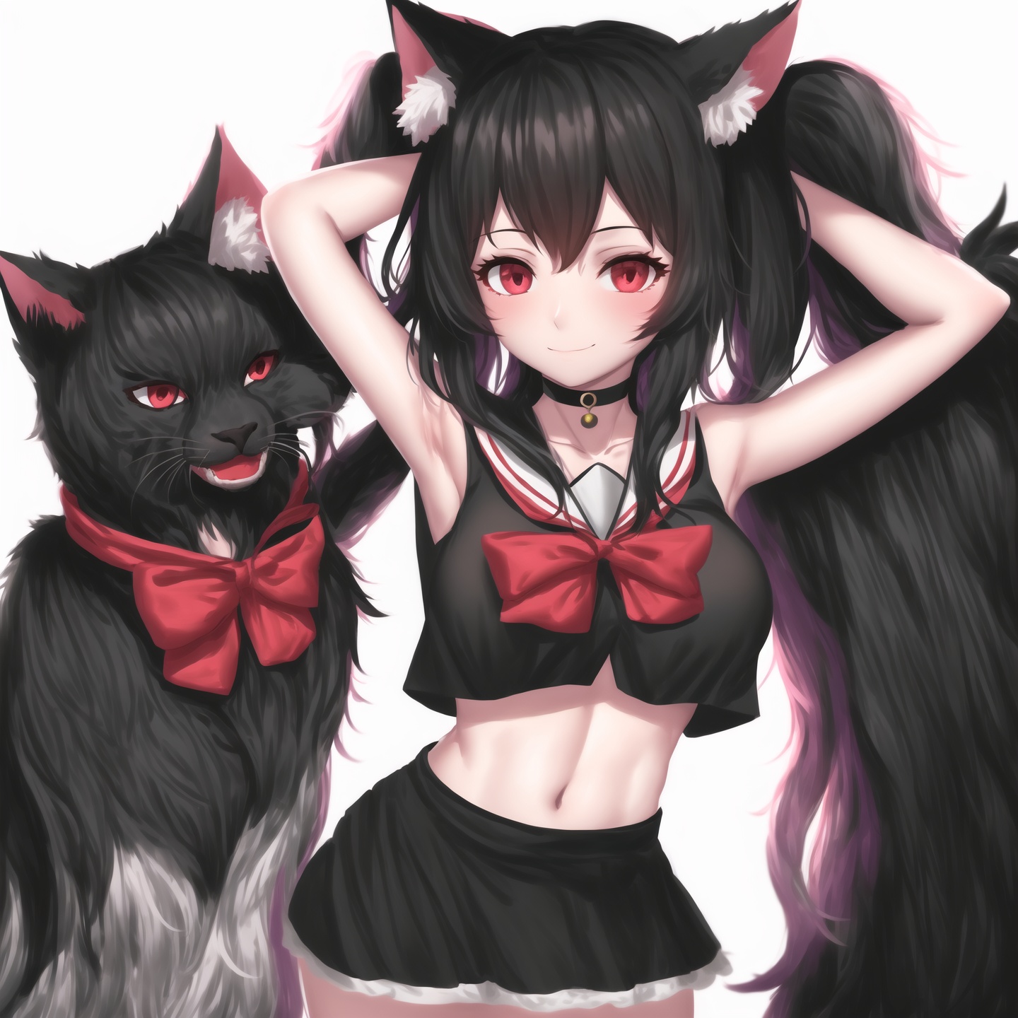 <lora:HAK:1>,HAK, cat ears, black bow, white hair, 1girl, solo, long hair, breasts, looking at viewer, blush, smile, bangs, skirt, simple background, shirt, red eyes, bow, navel, animal ears, twintails, medium breasts, closed mouth, school uniform, white shirt, upper body, hair bow, pleated skirt, serafuku, sleeveless, choker, midriff, black skirt, armpits, sailor collar, red bow, arms up, crop top, animal ear fluff, sleeveless shirt, black choker, arms behind head, black sailor collar