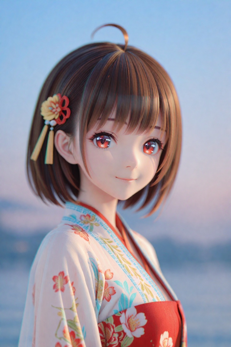 (masterpiece),(best quality),illustration,ultra detailed,hdr,Depth of field,(colorful),(chromatic aberration),mmd,1girl,solo,red eyes,looking at viewer,hair ornament,short hair,upper body,brown hair,blurry,ahoge,bangs,chinese clothes,see-through,depth of field,hanfu,smile,floral print,closed mouth,