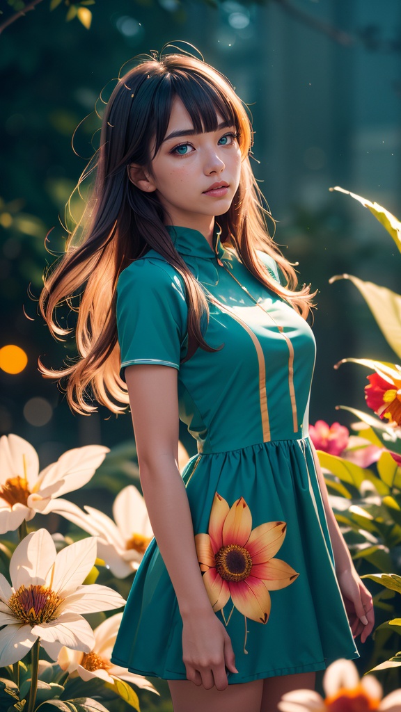 1 young cute girl,  flower dress,  colorful on Tensor.Art