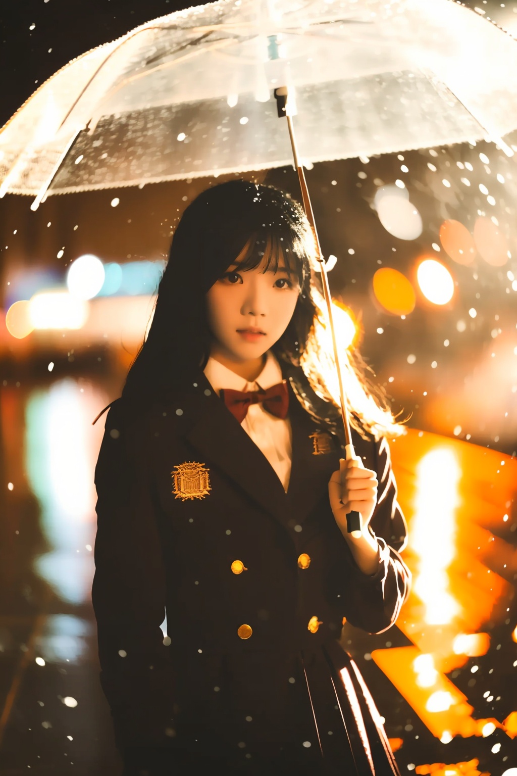 bubble, splashing, snowflakes, side glare, xueye, 1girl, ambient lighting, solo, backlighting, light pollution, light reflection from ground, ground reflection, reflection, bokeh, side lighting, long hair, transparent umbrella, looking at viewer, skirt, black hair, long sleeves, holding, standing, outdoors, blurry, black eyes, lips, coat, depth of field, umbrella, ground vehicle, snowing, holding umbrella, transparent, bow, bowtie, realistic, bangs, parted lips, blurry background, snow,<lora:xueye_v1:0.8>