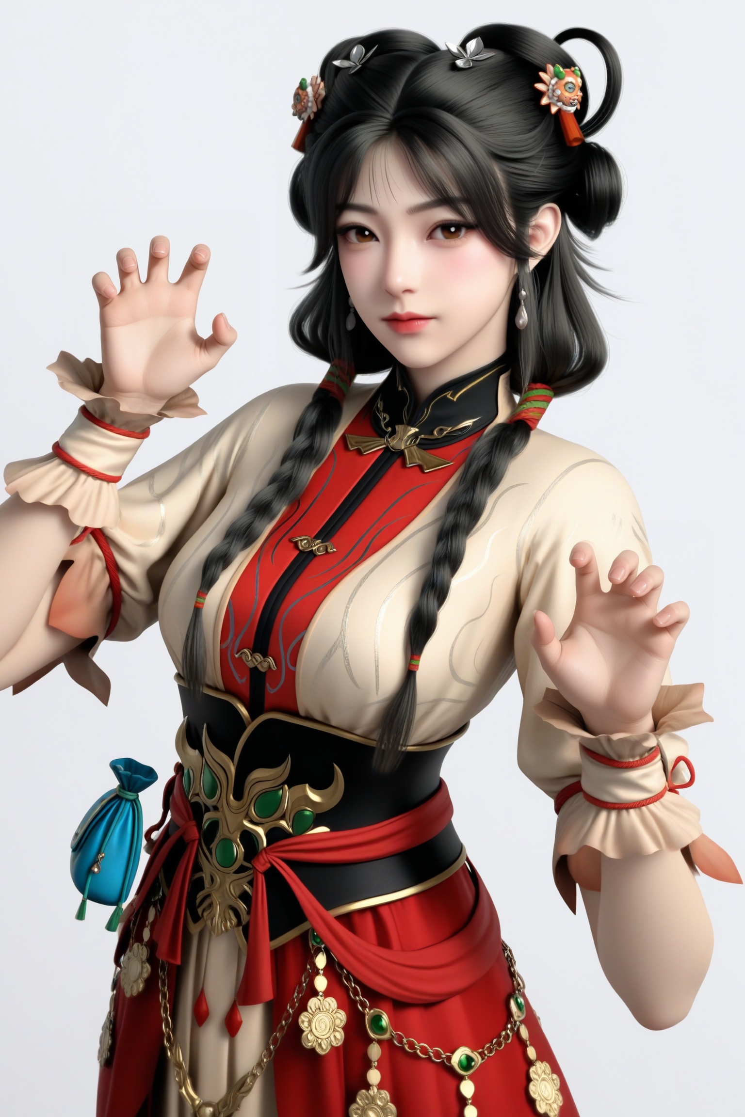 masterpiece,best quality,absurdres,highres,mature female,glamor,(slender:1.1),solo,<lora:金玉环-ill:0.83>,jingyuhuan,multi-tied hair,hair ornament,long hair,black hair,twin braids,braided hair rings,earrings,grey yes,brown_pupils,light blush,BREAKhigh collar,puffy short sleeves,waist belt,waist sash,ornate belt,high-waist skirt,long skirt,blue pouch,wrist cuffs,gold chain,looking at viewer,(front view),paw_pose,(claw_pose:1.1),BREAK(white_skin:1.1),(fair_skin:1.1),realistic,simple background,white background,