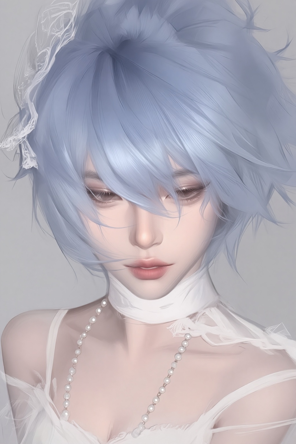 ZOZ_HEHUHU,a digital illustration shoot from a portrait camera angle about a close-up portrait of a woman with light blue hair styled in a messy updo,adorned with a delicate veil and a pearl necklace,the image also shows a soft,ethereal quality with a subtle,blurred effect,on the middle of the image,a young woman appears to be in her early twenties,with light skin,closed eyes,and a neutral expression,she is wearing a white,sheer dress with a high collar and a delicate,pearl necklace around her neck,her hair is styled in an updo with loose strands framing her face,and her hair color is a light blue,her eyes are closed,and she is looking directly at the viewer,the background is a plain,light grey color,which contrasts with the soft and delicate features of the woman,