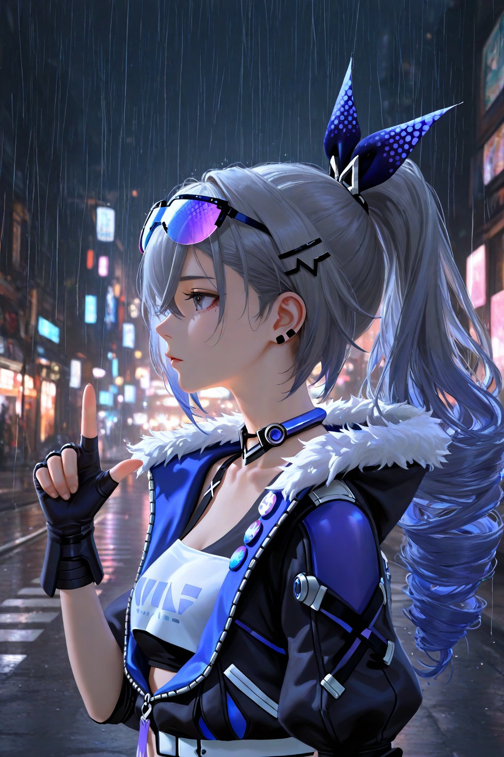 masterpiece,best quality,amazing quality,very aesthetic,absurdres,newest,highres,nixeu:0.5,yoneyama mai:0.5,1girl,solo,silver wolf \(honkai: star rail\),honkai \(series\),cyberpunk,street,night,darkness,metallic texture,from side,ray tracing,pointing to you,rain drops on the girl,strong color performance,oil painting style,