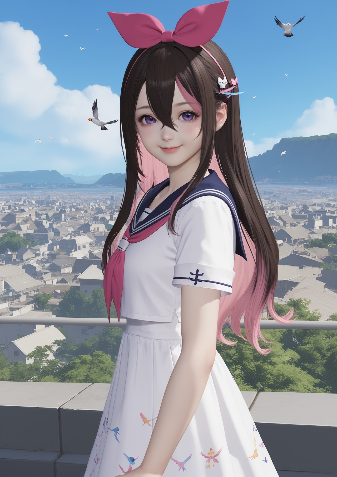 score_10,score_9,score_8_up,score_7_up,1girl,purple eyes,pink hair,multicolored hair,colored inner hair,solo,dress,long hair,looking at viewer,hair ornament,white dress,bird,streaked hair,smile,blush,sailor collar,neckerchief,outdoors,sky,short sleeves,closed mouth,black hair,blue sky,from side,hair between eyes,brown hair,cloud,hair bow,