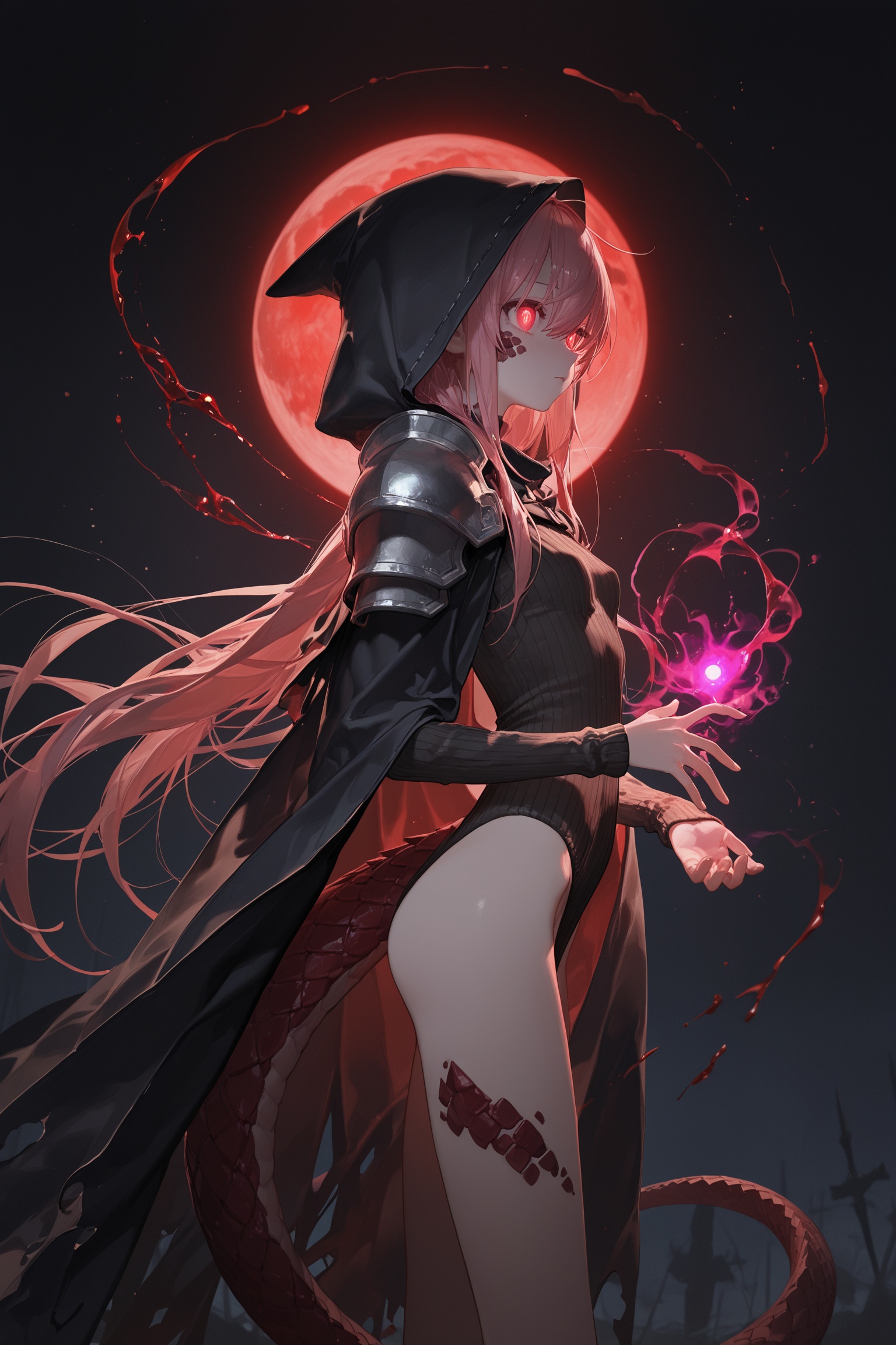 masterpiece,best quality,amazing quality,very aesthetic,absurdres,newest,highres,{observerz},modare,mikaze oto,[artist:kedama milk],[artist:ask_(askzy)],ciloranko,ponzu(catponz),year 2023,1girl,monster girl,scales,hooded,long hair,in a dark corridor,dim light,cloak,fantasy,tail,shadow magic,beautiful eyes,glowing eyes,petite,skinny,blood moon,shoulder armor,side view,leotard_sweater,
