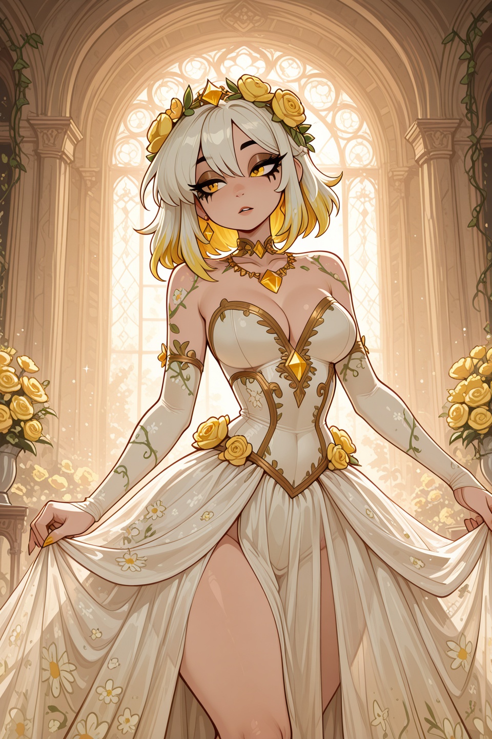 gothcartoonStyle,  in a grand ballroom filled with vibrant floral designs,  the woman's body is made up of delicate yellow...
