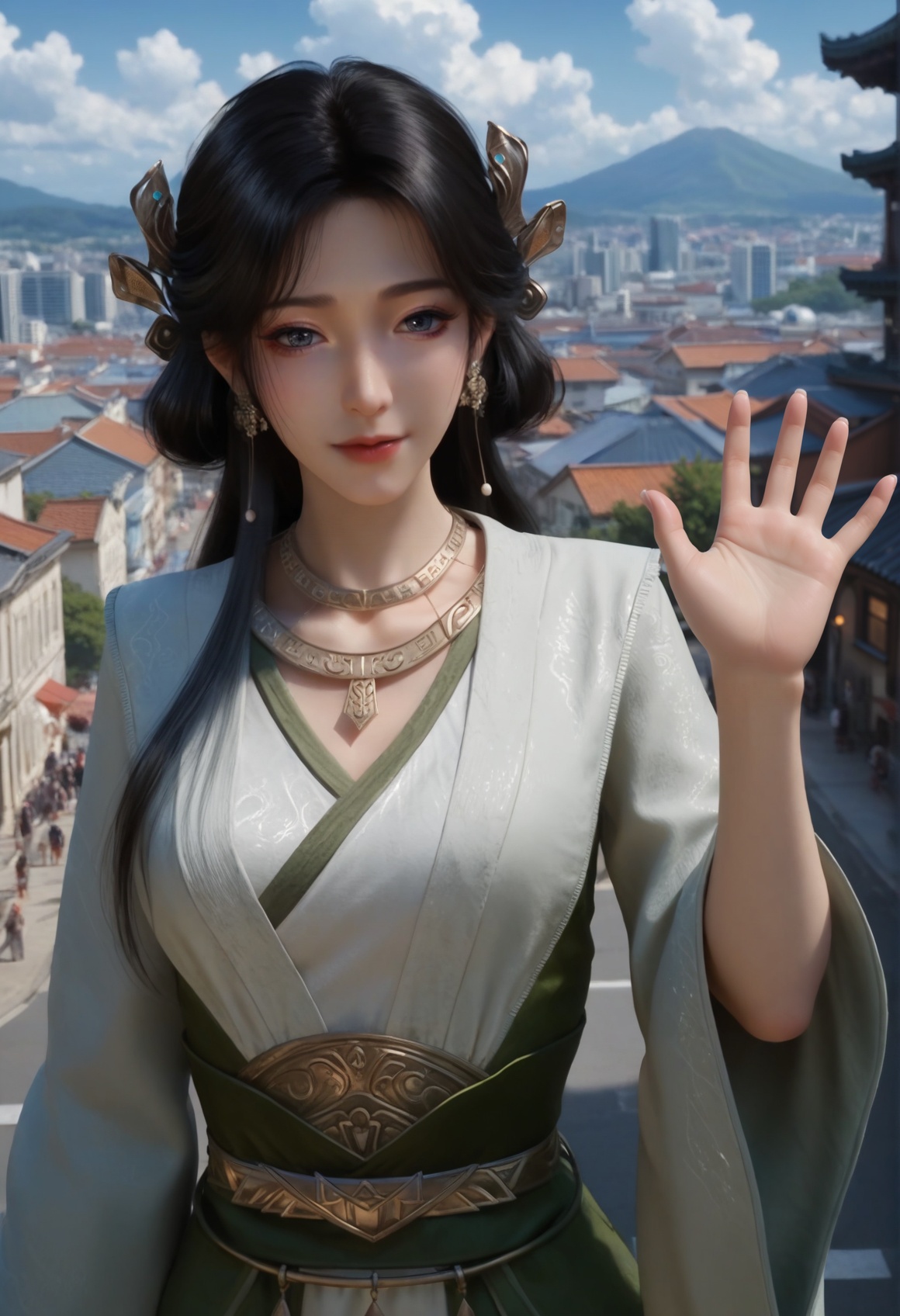 (score_9),<lora:梅凝1-Apony:0.83>,mn,(mature_female:1.1),solo,hair ornament,long hair,black hair,jewelry,earrings,necklace,robe,belt,long long sleeves,<lora:perfect eyes_v1:0.8>,front view,bright pupils,<lora:Expressive_H-000001:0.8>,(waving:1.1),(glamor:1.2),collarbone,pointy breasts,puffy breasts,large breasts,narrow waist,curvy,outdoors,street,blue sky,blur background,building,city,cloud,cloudy sky,day,depth of field,(white_skin:1.1),(fair_skin:1.1),