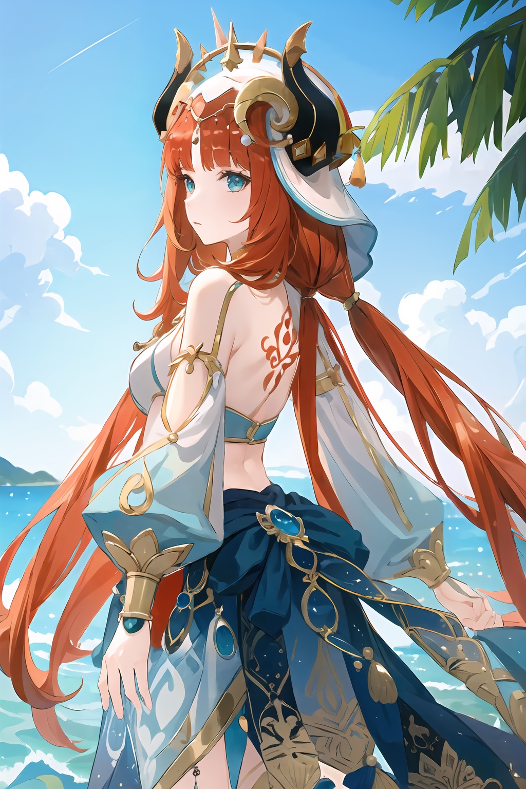 (masterpiece, best quality:1.2),insanely detailed,absurdres,ultra-highres,ultra-detailed,best quality,slender,kawaii,perfect symmetrical face,ultra cute girl,ultra cute face,ultra detailed eyes,ultra cute,ultra beautifu,<lora:nilou-000008:1>,nilou \(genshin impact\),1girl,veil,breasts,low twintails,nail polish,puffy long sleeves,jewelry,crop top,brooch,fake horns,gold trim,blue skirt,neck ruff,backless outfit,bare legs,headwear,tassel,forehead jewel,leg garter,gem,hair ornament,horned headwear,aqua eyes,outdoors,standing,back tattoo,