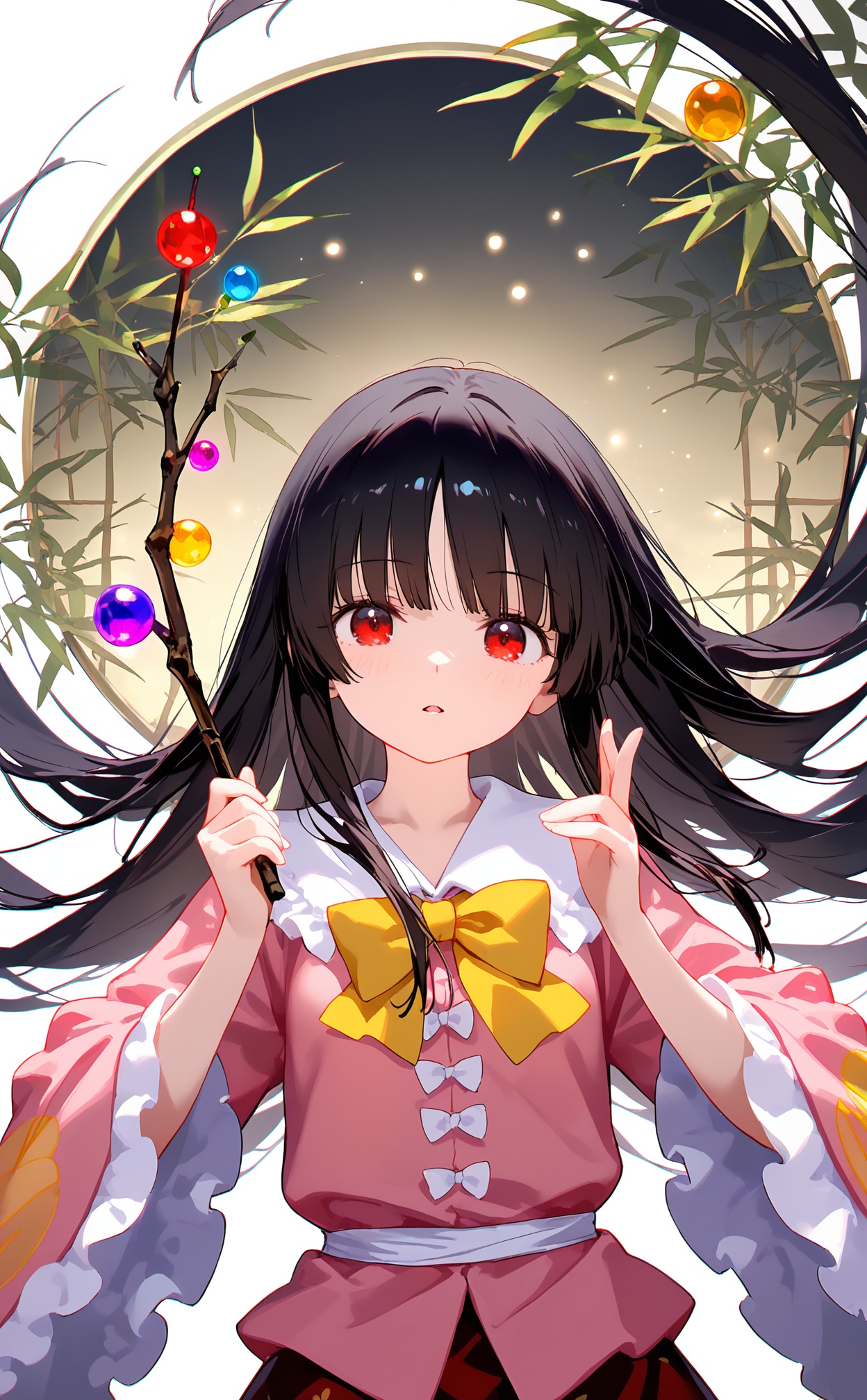 masterpiece,very aware,highres,absurdres,newest,best quality,high quality,loli,petite,chromatic_aberration,white_background,//,1girl,jeweled branch of hourai,solo,branch,long hair,houraisan kaguya,black hair,pink shirt,shirt,long sleeves,red eyes,wide sleeves,yellow bowtie,looking at viewer,upper body,bow,bowtie,frills,yellow bow,parted lips,frilled sleeves,holding,very long hair,bamboo,floating hair,hime cut,frilled shirt collar,hands up,collared shirt,blunt bangs,hand up,holding branch,open mouth,japanese clothes,//,year_2023,year_2024,//,
