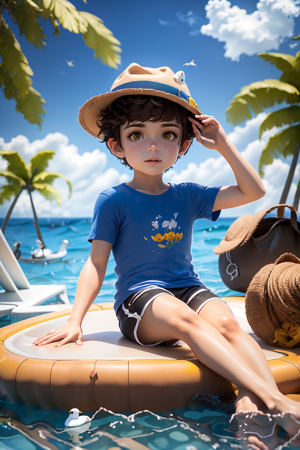 OC rendering,C4D,3D,product photography,still life,solo,short hair,brown hair,shirt,1boy,hat,brown eyes,sitting,outdoors,sky,shorts,barefoot,day,cloud,water,tree,blue sky,beach,child,yellow shirt,palm tree,bucket,boat,lifebuoy,seagull,