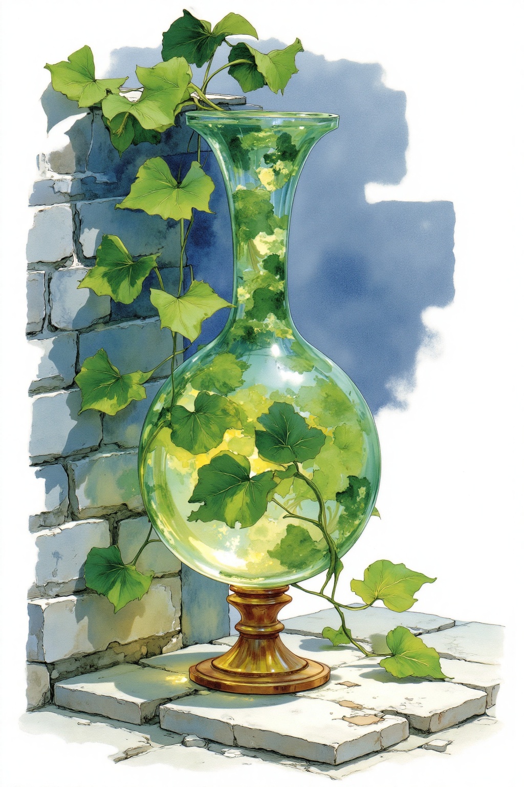 beijihui,A watercolor painting of a glass vase, the vase is filled with green ivy leaves. The vase's base is a golden brown color, and it is sitting on a white stone surface. The background is a light blue brick wall, and there is a reflection of the leaves on the wall in the lower right corner of the frame.