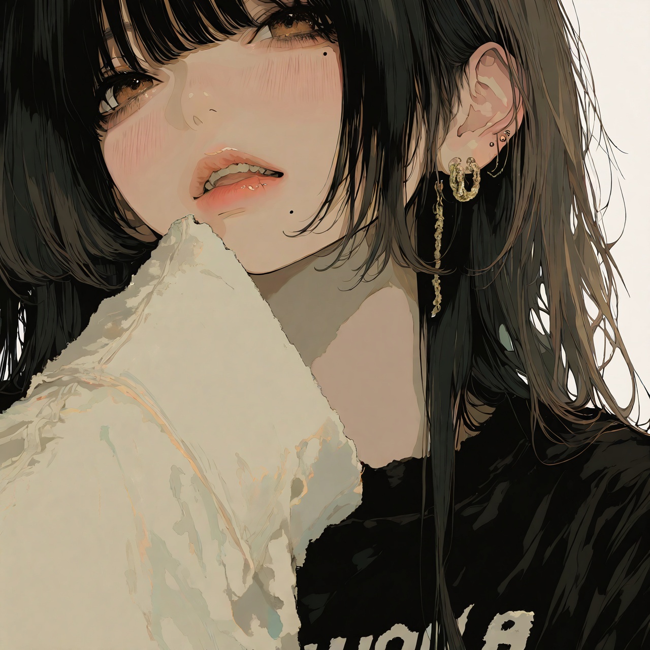 <lora:Tourun ThickPaint Style:0.8>,absurdres,realistic,rim light,wallpaper,best quality,1girl,solo,black hair,mole,brown eyes,piercing,looking at viewer,white background,ear piercing,simple background,sleeves past wrists,portrait,parted lips,head tilt,jewelry,bangs,blush,earrings,mole under eye,shirt,long hair,mole under mouth,sleeves past fingers,teeth,hand up,lips,