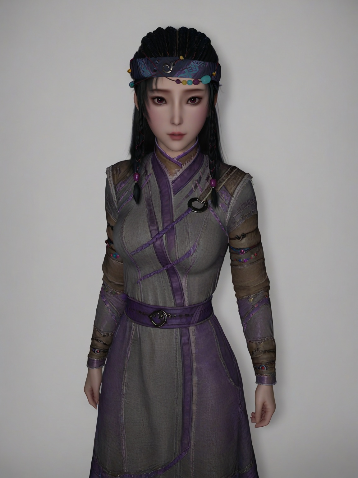 score_9,<lora:SF_JiangChen_ShaoNv_Pony_Realism2.3-000004:0.7>,1girl,solo,dress,black hair, large breasts,multiple braids,long sleeves,lipstick,headband,hair ornament,standing,looking at viewer,white background,