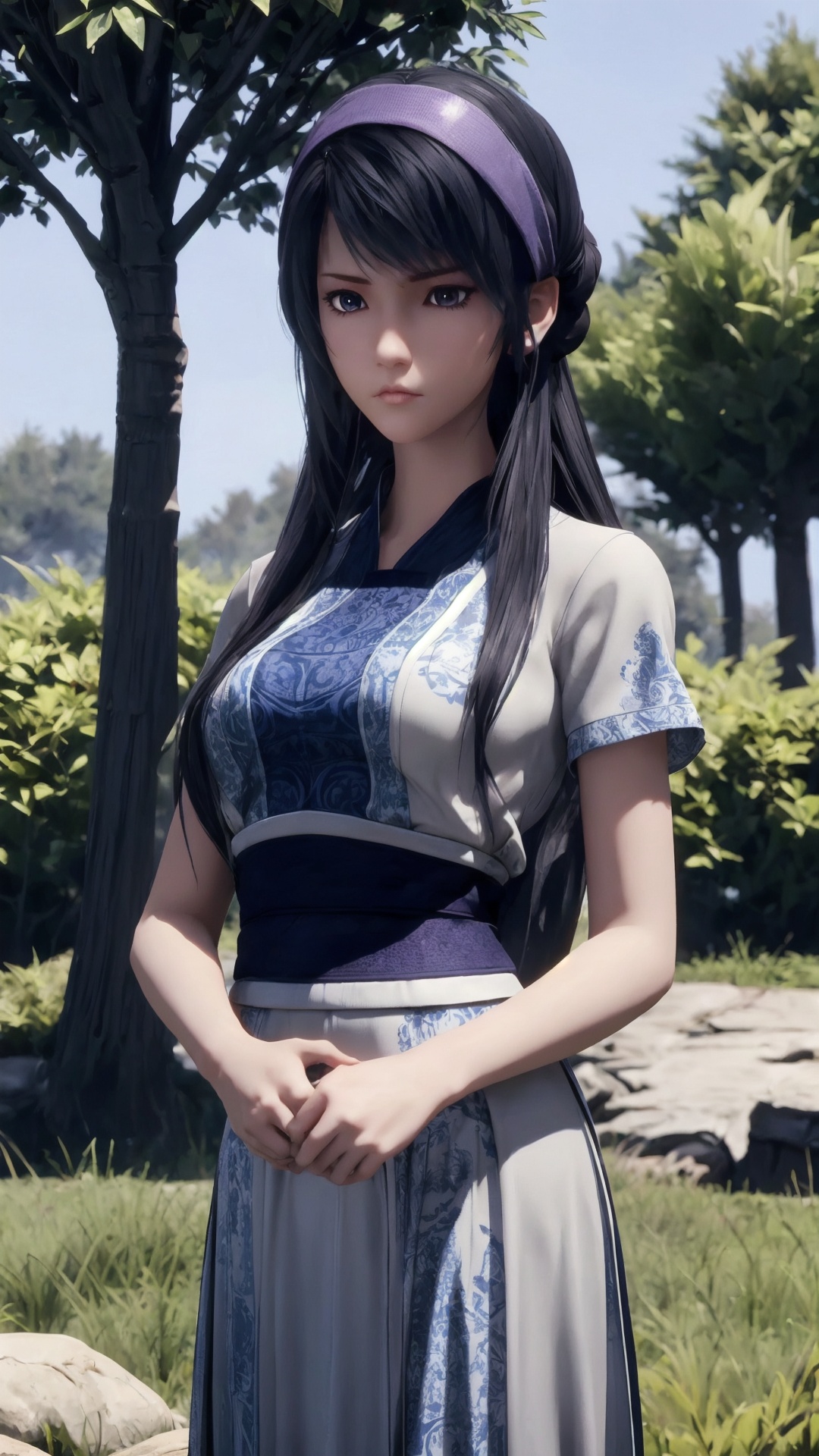 The image is a 3D rendering of a female character from a video game. She is standing in a garden with trees and bushes in the background. The character is wearing a blue and white outfit with intricate patterns and designs. The outfit has a high neckline and short sleeves,and the skirt is flared at the bottom. She has long,dark hair that is styled in loose waves and falls over her shoulders.,The character is holding a scroll in her left hand and is looking off to the side with a serious expression on her face. She appears to be in a contemplative pose,as if she is deep in thought. The overall mood of the image is peaceful and serene..,<lora:1.5端木蓉(6):0.8>,