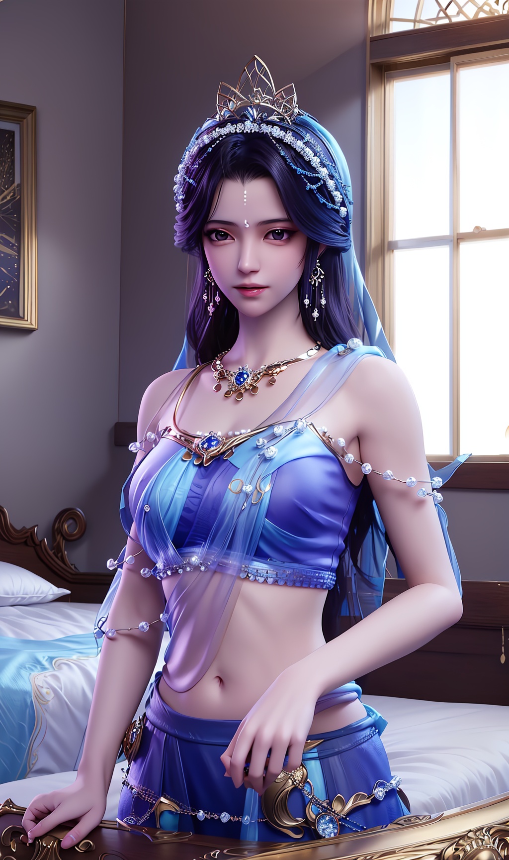 masterpiece,(best quality),official art, extremely detailed cg 8k wallpaper,((crystalstexture skin)), (extremely delicate and beautiful),highly detailed,(scarf),(clothes),1girl,solo,long hair,headwear,(standing),( hair),((dress)),(long skirts:0.987),((upper body)),sweet smile, (medium breasts),((hair_ornament)),earrings，(sunshine, indoor,(bed)),, <lora:hipoly3DModelLora_v10:0.3>