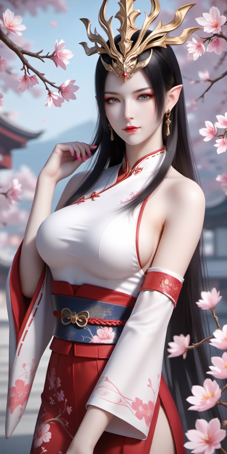 score_9,score_8_up,score_7_up,source_anime,Close-up details,realistic style photo young woman,red eyeshadow,mature_female,red lipstick,long hair,black hair,earrings,pointy ears,grey eyes,crown,<lora:美杜莎女王0.0741:0.6>,meidusha,1girl,breasts,solo,sideboob,detached sleeves,large breasts,japanese clothes,wide sleeves,cherry blossoms,bare shoulders,jewelry,floral print,blurry,earrings,sleeveless,pink nails,blurry background,long sleeves,white sleeves,sash,skirt,hand up,nontraditional miko,red skirt,obi,branch,9,whirls of vapor,iridescent textures,(Anime:1.1),soft neon light,ethereal ambiance,delicate details,magical atmosphere,concept art,highly detailed,ultra-high resolution,32K UHD,sharp focus,best-quality,masterpiece,golden hour,unconventional supreme masterpiece,masterful details,temperate atmosphere,with a high-end texture,in the style of fashion photography,cover,Dynamic Angle,Dynamic posture,cover,Dynamic Angle,Dynamic posture,Printed cheongsam,A shot with tension,(Visual impact,giving the poster a dynamic and visually striking appearance:1.2),impactful picture,(masterpiece, best quality:1.2),offcial art,colorful,splash of color,movie perspective,advertising style,