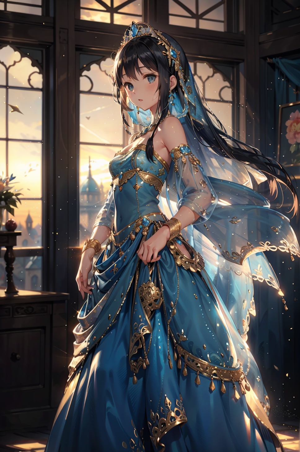 masterpiece,best quality,<lora:PDLX_西域公主:1.2>,As the first light of dawn touches the horizon,the princess stands at the window of her high tower,her silhouette framed by a gown of the palest azure,its fabric as light and fluid as the morning mist,