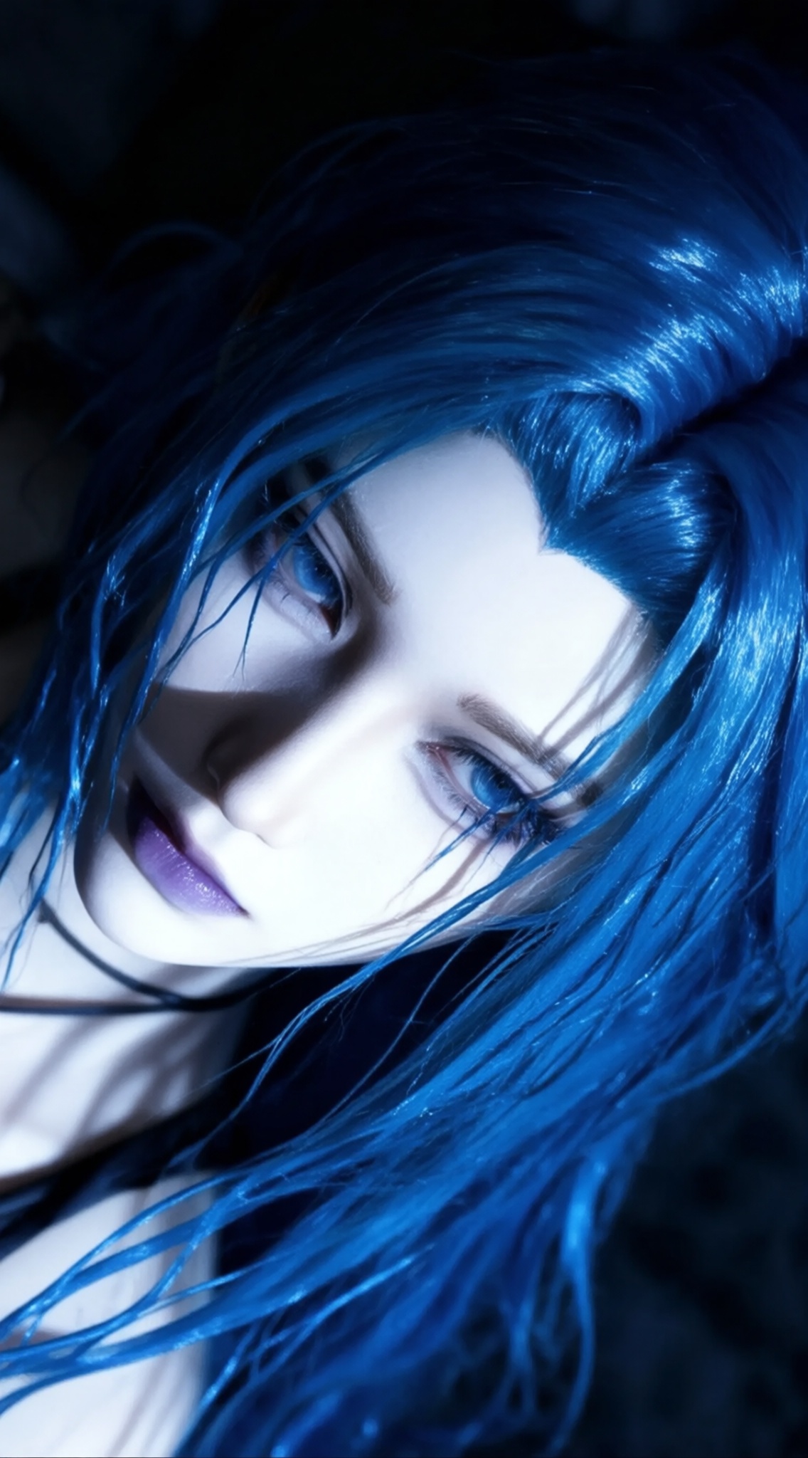 a close-up portrait of a young woman with striking blue hair and pale skin,captured from a close up camera angle,the woman,who appears to be in her early twenties,has a serious expression and is looking directly at the viewer,her blue hair is styled in long,flowing locks that cascade down her back,framing her face,her eyes are a striking shade of blue,and her eyelashes are a darker shade,her lips are slightly parted,revealing a hint of purple lipstick,the lighting is dramatic,with a focus on the womans face and the texture of her hair,creating a sense of depth and dimensionality,the background is dark and out of focus,allowing the focus to remain on her face and hair,the overall mood of the image is somber and melancholic,with the woman appearing to be lost in thought,, Negative prompt: ng_deepnegative_v1_75t,(badhandv4:1.2),EasyNegative,(worst quality:2),,nsfw, Steps: 30, Sampler: Euler, CFG scale: 4.0, Seed: 1941677199, Size: 1142x2048, Model hash: 98763a1277, Model: Qwen-Image_1.0.safetensors, Denoising strength: 0, RNG: CPU, Lora 1: ZOZ_湿润特效, Lora Hash 1: 36836624eb, Lora Weight 1: 0.8, vae_name: automatic