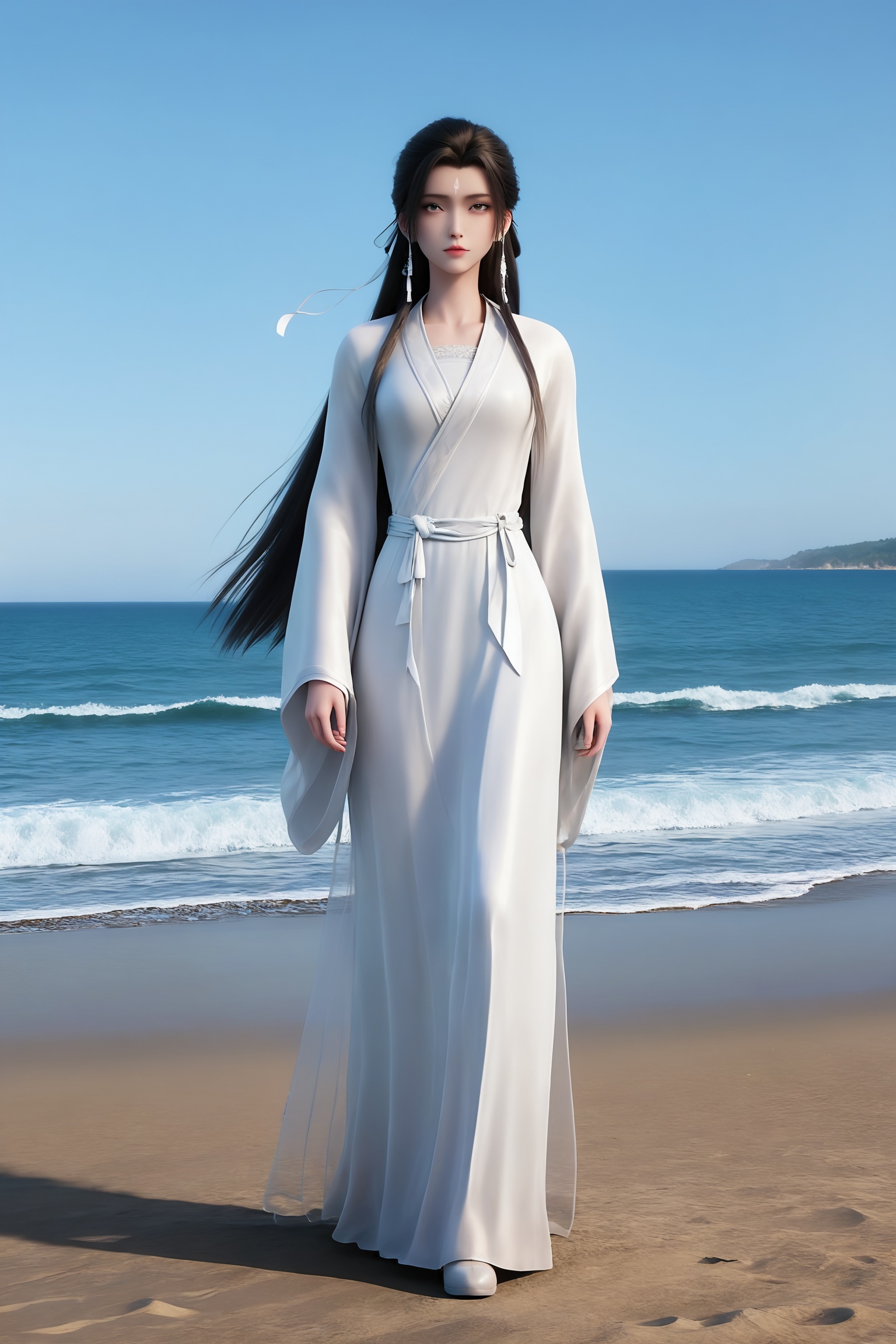 <lora:诛仙3-陆雪琪睡袍Pony:0.8>,1girl,long,straight black hair,flowing,white traditional Chinese robe,white sash,long sleeves,two long braids,white traditional Chinese shoes.,, standing,Seaside,beach,waves,full body,