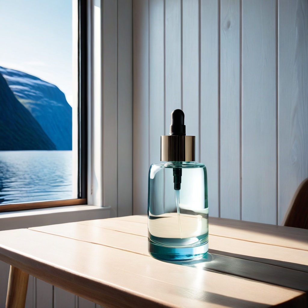 scenenordifjord,  a glass skincare bottle,  Nordic fjord-side cabin table on Tensor.Art