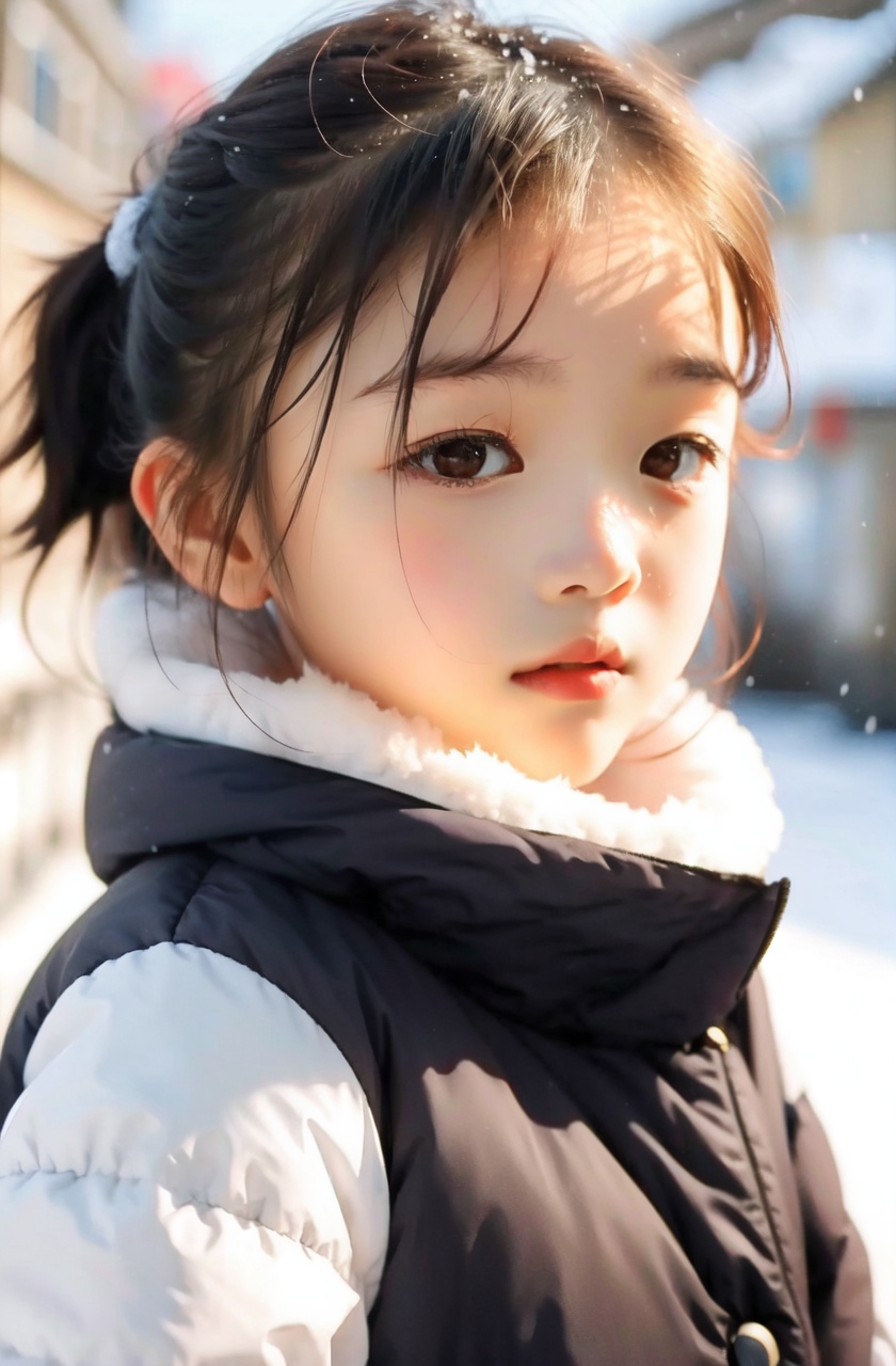 masterpiece,best quality,absurdres,solo,1girl,looking at viewer,parted lips,black hair,upper body,scarf,blurry background,coat,brown eyes,snow,snowflakes,street,(loli:1.4),close-up,facing viewer,korean face,side ponytail,(child:1.4),