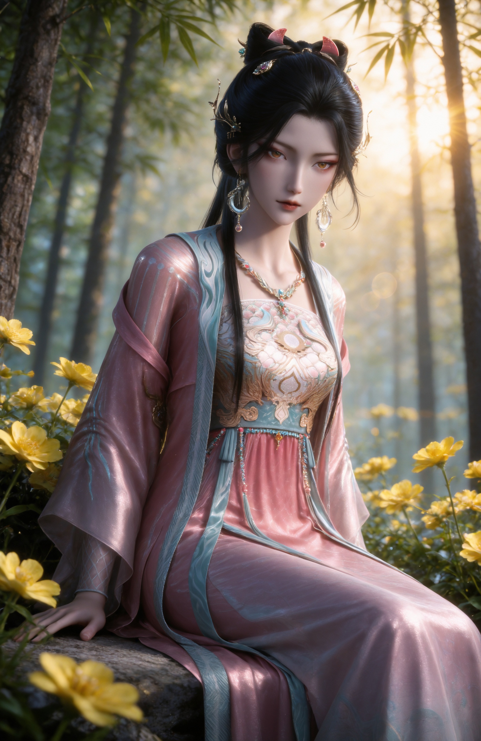 <lora:剑来2-稚圭IL:0.8> 1girl, black hair, long hair, necklace, hair bun, hair ornament, earrings, pink dress, chinese clothes, see-through, long sleeves,sash,pink footwear,, realistic style photo,outstanding style,Use soft lighting to cast gentle shadows on the subject,adding a touch of dimension to your images without compromising details,whirls of vapor,(Anime:1.1),soft neon light,ethereal ambiance,delicate details,magical atmosphere,concept art,highly detailed,ultra-high resolution,32K UHD,sharp focus,best-quality,masterpiece,golden hour,unconventional supreme masterpiece,masterful details,temperate atmosphere,with a high-end texture,in the style of fashion photography,magazine style,Dynamic Angle,Dynamic posture,magazine style,Dynamic Angle,Dynamic posture,(cowboy_shot:1.2),eye trail,depth of field,cinematic lighting,lens flare,close-up,extreme aesthetic,(wlop:0.6),(honjou raita,lack,rella,wanke:0.5),masterpiece,best quality,good quality,newest,year 2025,very aesthetic,absurdres,Visual impact,A shot with tension,ultra-high resolution,32K UHD,sharp focus,best-quality,masterpiece,Emotionalization,unconventional supreme masterpiece,masterful details,temperate atmosphere,with a high-end texture,in the style of fashion photography,(Visual impact:1.2),giving the poster a dynamic and visually striking appearance,, 1girl, flower, sitting, solo, blurry, yellow flower, blurry background, outdoors, sunlight, looking at viewer, nature, depth of field, arms at sides, leaf, tree, light rays, plant, feet out of frame, day,