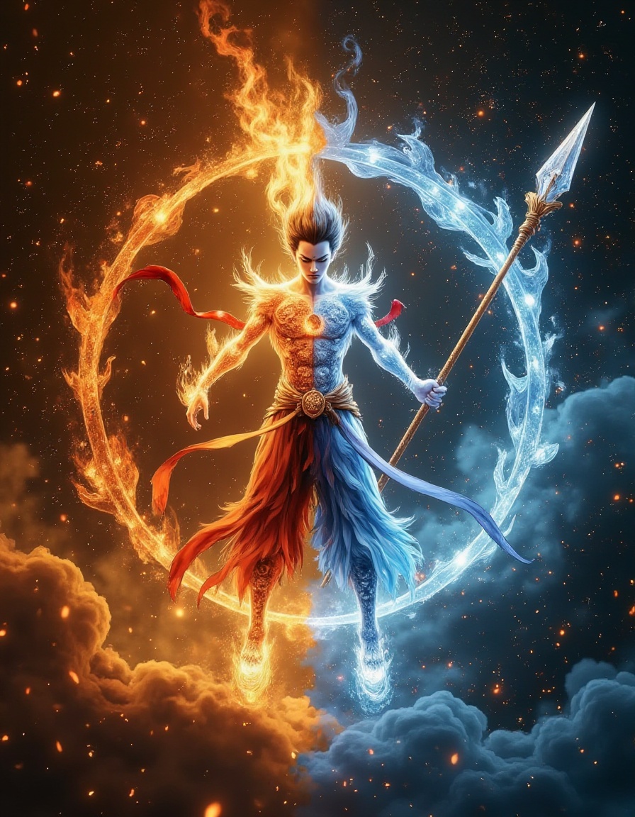 danezha,Cosmic balance visualization,danezha suspended between yin-yang energies,(dual wielding spear :1.4),body half-engulfed in flames/half crystalline ice,traditional Chinese zodiac constellation background,energy streams forming,<lora:lora.by_tusi:1>,