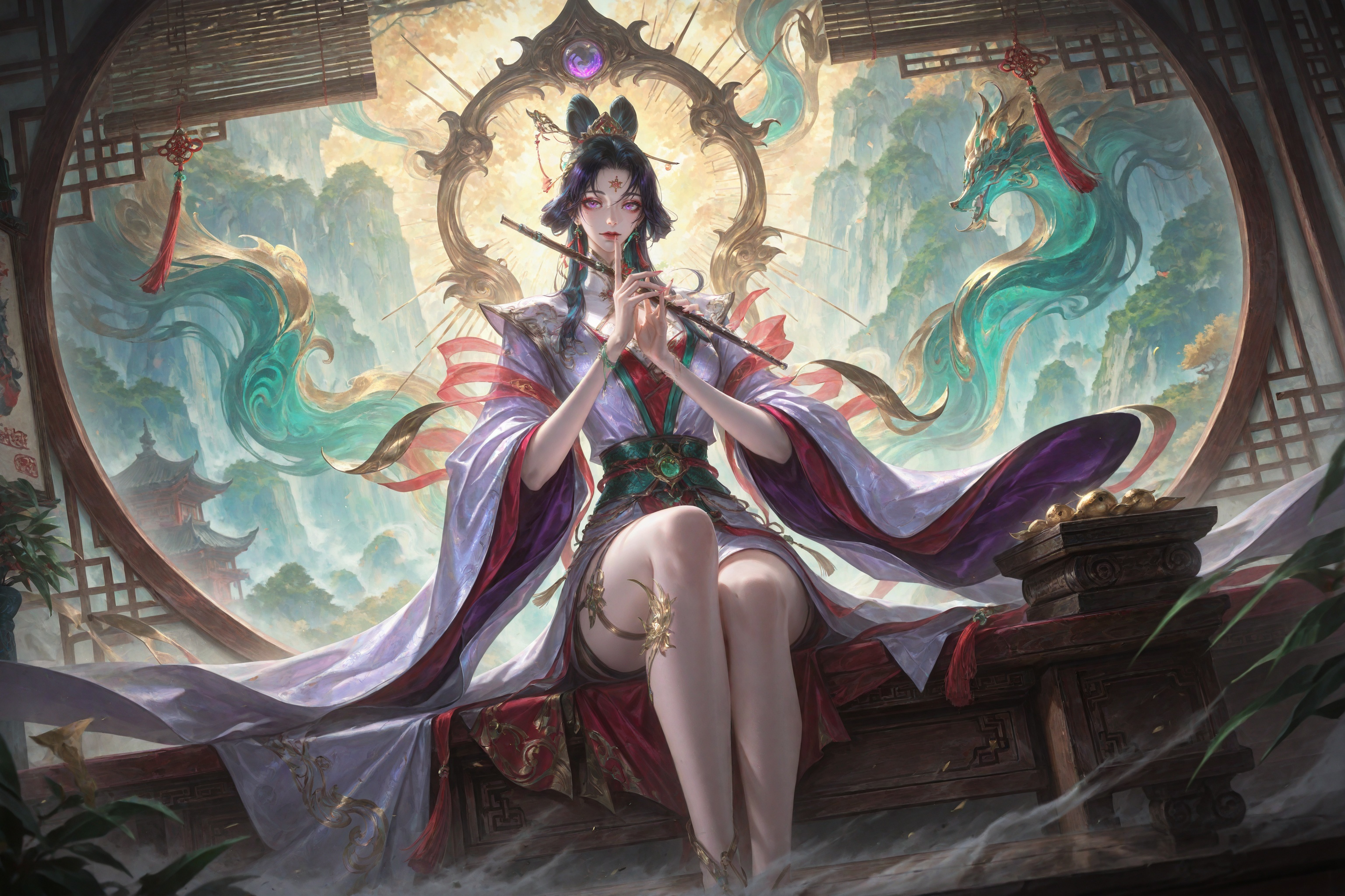 (artist:quasarcake:0.8),extreme aesthetic,(wlop:0.6),honjou honjou raita,lack,rella,wanke,raita,masterpiece,best quality,good quality,newest,year 2024,year 2023,very aesthetic,absurdres,Visual impact,A shot with tension,ultra-high resolution,32K UHD,sharp focus,best-quality,masterpiece,Emotionalization,unconventional supreme masterpiece,masterful details,temperate atmosphere,with a high-end texture,in  the style of fashion photography,(Visual impact:1.2),giving the poster a dynamic and visually striking appearance,impactful picture,offcial art,movie perspective,masterpiece,best quality,amazing quality,very aesthetic,absurdres,best quality,newest,dynamic_angle,cinematic_angle,close-up,face_focus,upper_body,dutch angle,sanguosha,This is a digital painting featuring a serene,stoic Asian man with long,flowing black hair and pale skin. He wears a luxurious,ornate purple and silver robe,sitting cross-legged in a traditional Chinese room with wooden furniture and a window letting in soft light. He is playing a flute,surrounded by intricately carved wooden panels and a lush,green landscape outside. The art style is highly detailed and realistic.,<lora:sanguosha-000010:0.35>,<lora:zhongguoduliu-v3-illustrious:0.6>,<lora:L0LSPL4SH_IllustriousXLv01:0.6>,<lora:add-detail-xl:0.6>,<lora:USNR STYLE_XL_loha:0.3>,
