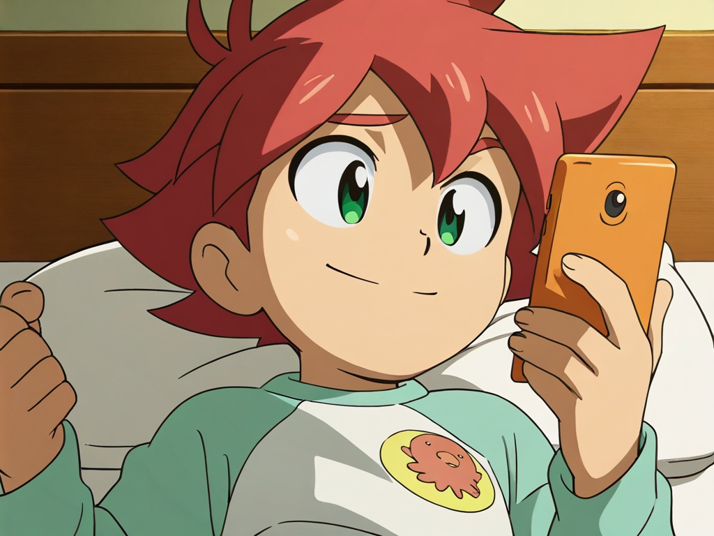 <lora:Taiga_XL:1>,explicit,(best quality:1),(best detail:1),(masterpiece:1),male focus,bedroom,lying in bed,1boy,solo,child,(petite:1.1),red hair,green eyes,round face,thick eyebrow,(5fingers:1.1),perfect hands,boy take the orange phone,sleepwear,smile,correct anatomy,upper_body,available light,animation style,(incredibly absurdres:2),