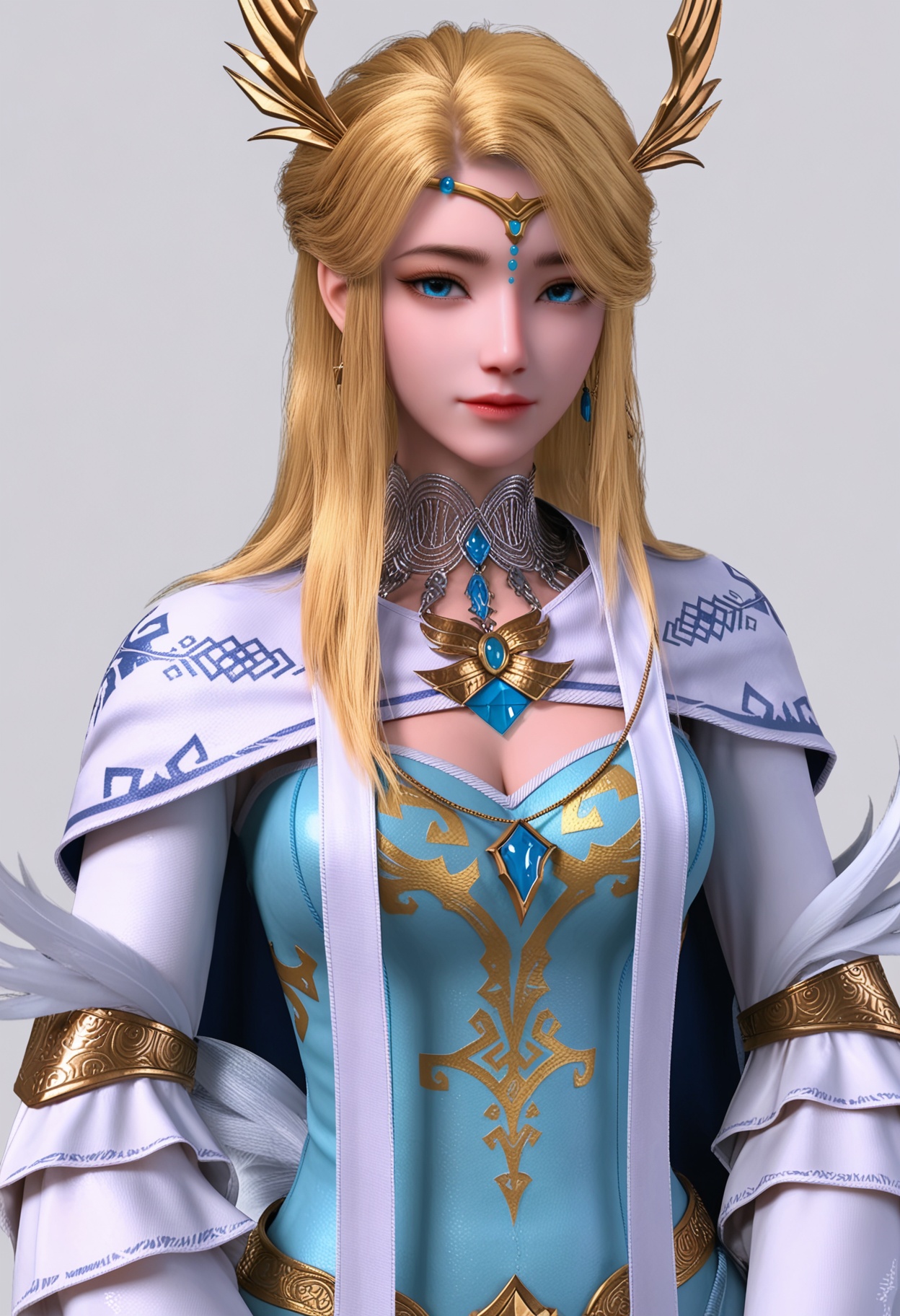 score_9,high detail,best quality,shiny skin,shiny,weiluonika,1girl,solo,blue eyes,blonde hair,long hair,white background,jewelry,dress,hair ornament,closed mouth,simple background,cape,realistic,circlet,breasts,earrings,blue dress,feathers,cleavage cutout,cleavage,long sleeves,looking at viewer,thighs,<lora:QQSponyweiluonikaV1:0.8>,<lora:Pony_DetailV2.0:0.8>,<lora:皮肤凹痕:0.1>,