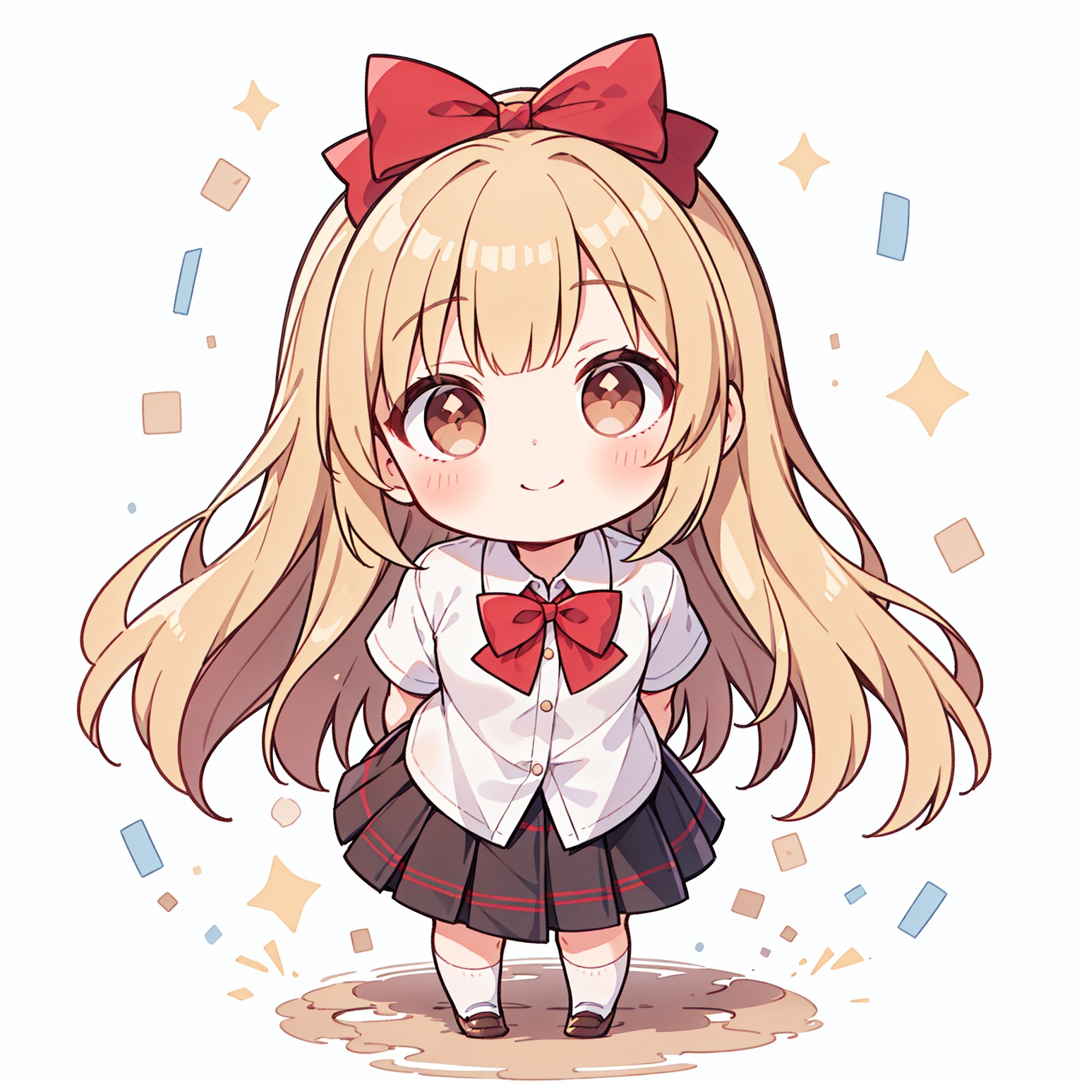 1girl, solo, long_hair,looking_at_viewer, blush, smile, bangs, skirt, blonde_hair, white_background, bow, brown_eyes, very_long_hair, closed_mouth, school_uniform, standing, white_shirt, short_sleeves, pleated_skirt, collared_shirt, bowtie, twitter_username, red_bow, plaid, dress_shirt, leaning_forward, plaid_skirt, arms_behind_back, light_brown_hair, red_bowtie, brown_skirt, shirt_tucked_in,pupils sparking,