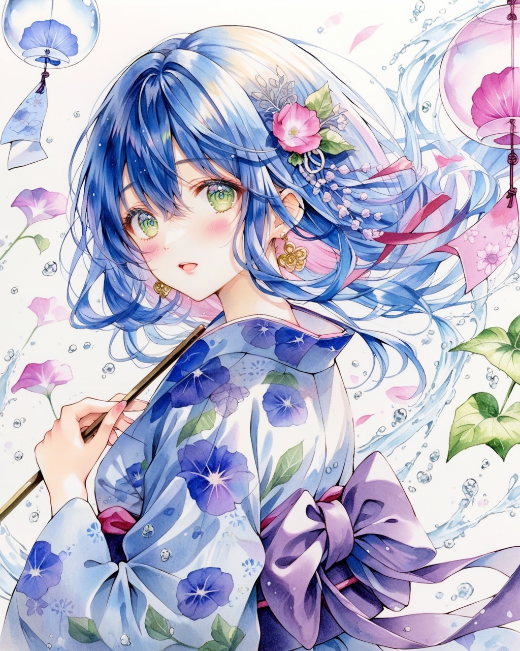 1girl, japanese clothes, solo, kimono, traditional media, earrings, painting (medium), jewelry, watercolor (medium), flower, looking at viewer, green eyes, floral print, holding, bangs, upper body, blue hair, yukata, obi, wind chime, blue kimono, sash, long hair, morning glory, multicolored hair, blush, print kimono, parted lips, water drop, hair between eyes, medium hair, pink flower, gradient hair, wide sleeves, multicolored eyes, long sleeves, open mouth, acrylic paint (medium)