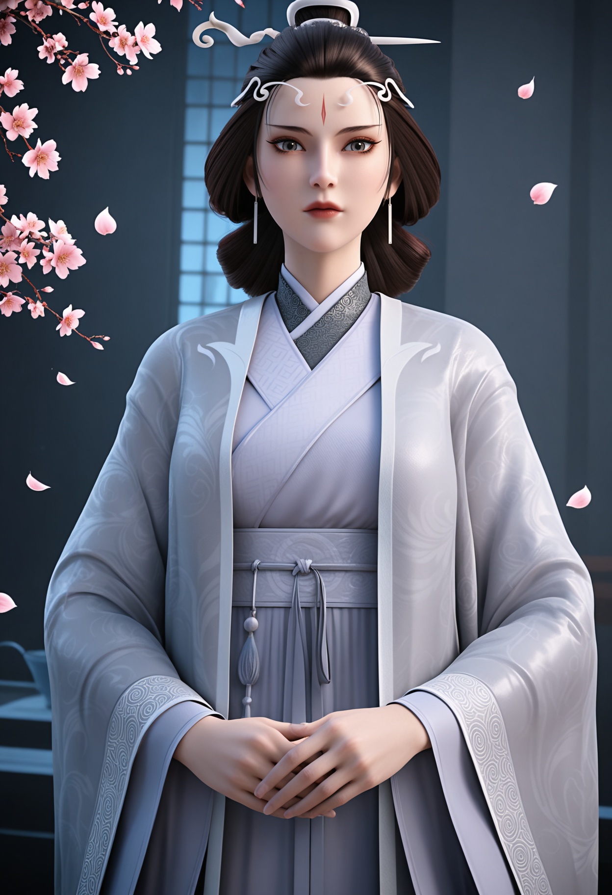 (upper_body:1.2),(looking at viewer:1.1),masterpiece,(best quality),smog,Dark room,dim lighting,peach blossom,falling petals,<lora:YQ_Illustrious光辉v5_水月_V1:0.8>,q1528437228,solo,1girl,black hair,jewelry,earrings,chinese clothes,facial mark,hair ornament,forehead mark,hanfu,long sleeves,makeup,wide sleeves,hair bun,hair stick,long hair,red lips,updo,japanese clothes,black eyes,blue eyes,robe,brown eyes,brown hair,kimono,sash,grey eyes,korean clothes,single hair bun,