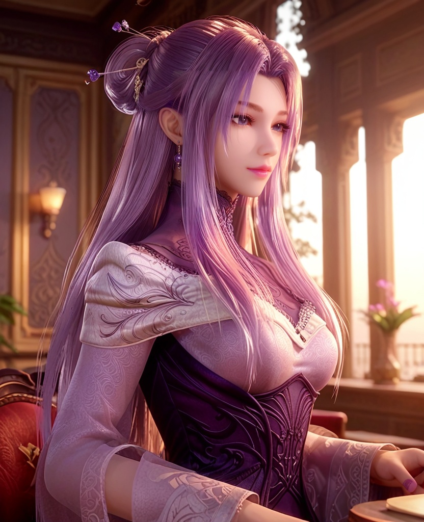 (oriental architecture, elegant decor, sophisticated style:1.1),(Twirling around with arms extended,:1.1),(breasts:1.2),<lora:XL秦时明月紫女仕女服:0.95>,1girl,dress,long hair,purple hair,purple eyes,corset,hair bun,hair ornament,hairpin,medium breasts,, score_9,score_8_up,score_7_up,score_6_up,score_5_up,score_4_up,3d rendering,tag1,tag2, Cinematic Lighting,backlighting,