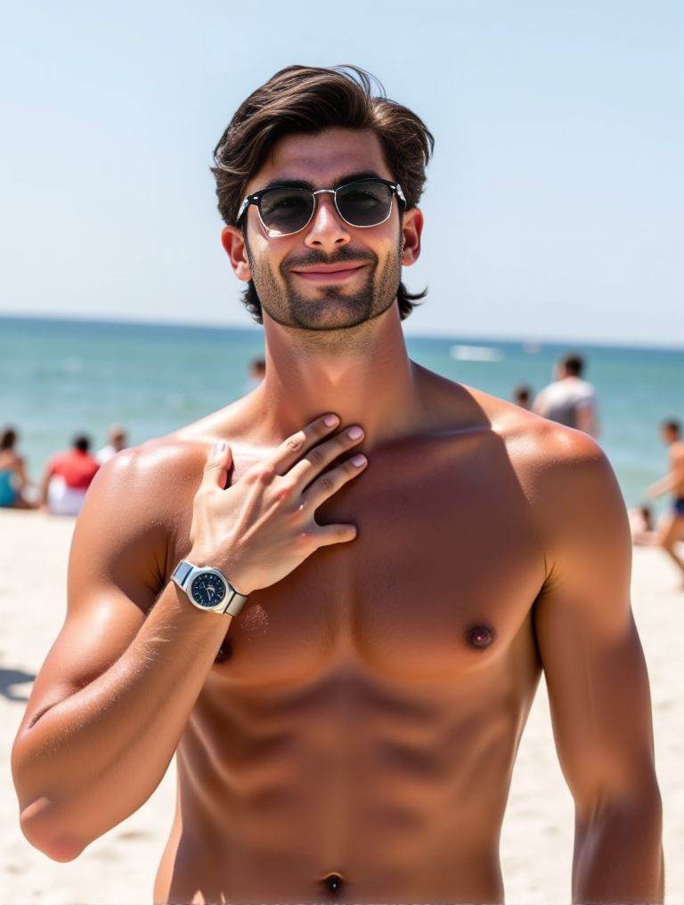 Ferran Torres ,  looking handsome by the beach. homoerotic. wearing only speedos. wearing specs with circular frame. smili...