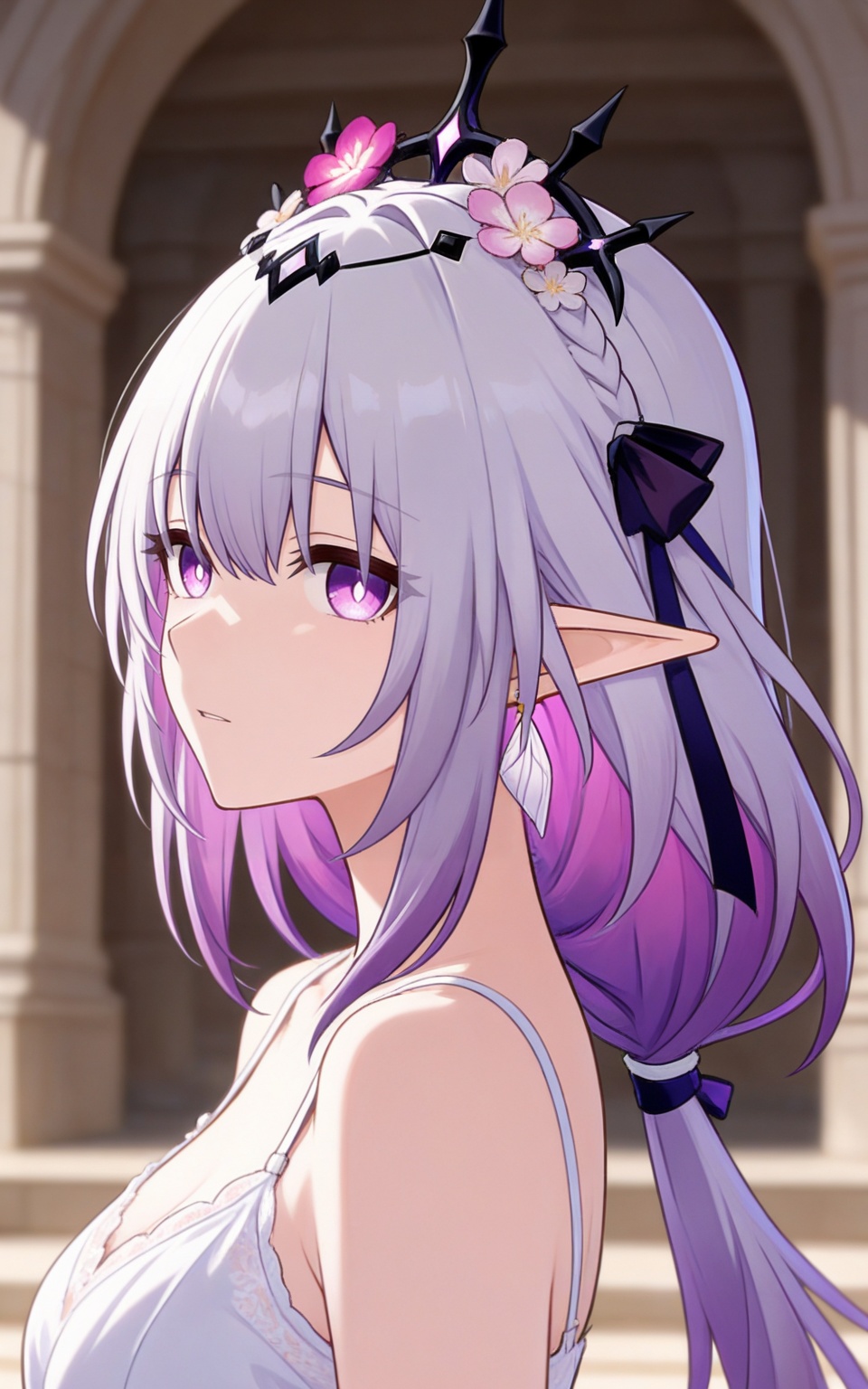 depth of field,masterpiece,best quality,very aesthetic,alternate costume,alternate costume,2024,2023,perfect composition,ultra-detailed,extreme aesthetic,masterpiece,best quality,good quality,newest,year 2024,year 2023,very aesthetic,absurdres,looking_at_viewer,colorful,upper_body,<lora:遐蝶·衣服百搭款ILL:0.8>,castorice \(honkai: star rail\),purple hair,colored inner hair,hair between eyes,multicolored hair,white hair,purple eyes,long hair,earrings,hair flower,hair ornament,black hair ribbon,pointy ears,braid,