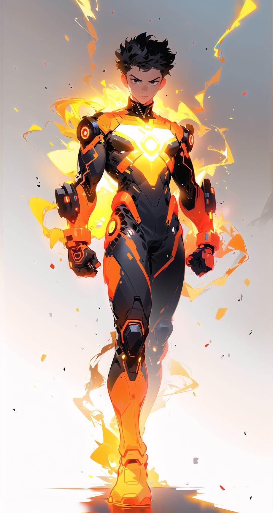asuo,1boy,male focus,solo,bodysuit,full body,looking at viewer,white background,wind,electricity,black hair,glowing,black bodysuit,clenched hands,spiked hair,standing,simple background,short hair,gloves,<lora:asuo-000014:0.8>,