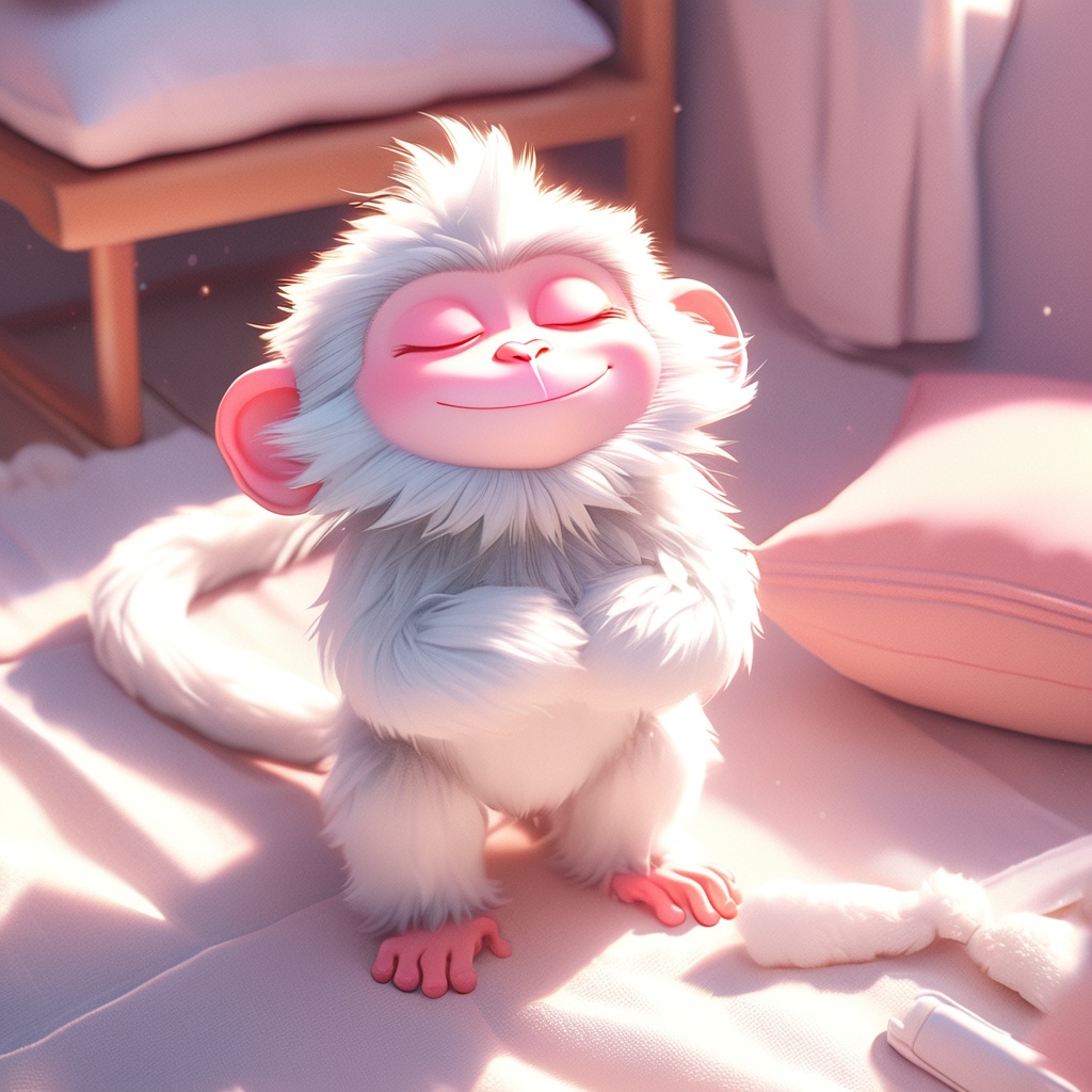 shenhou,monkey,fluffy,sunlight,light particles,whiskers,cute,cc-color-correction,mf-movie-filter,warm colors,whimsy and dramatic lighting,white fur,soft lighting,monkey focus,no humans,closed eyes,blurry,closed mouth,indoors,sleeping,smile,sitting,full body,pillow,cup,,<lora:shenhou_xl:0.8>,