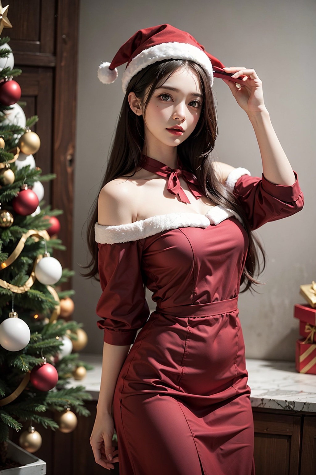 christmas dress,1 girl,standing,solo,realistic,<lora:圣诞裙子-000002:1>,