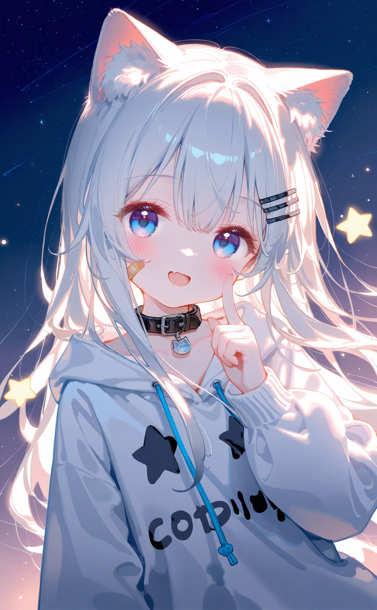 masterpiece,very aware,highres,absurdres,newest,best quality,loli,petite,high quality,chromatic_aberration,cinematic_angle,dutch angle,//,artist:ciloranko,artist:ningen_mame,artist:sho_(sho_lwlw),artist:rhasta,artist:wlop,artist:ke-ta,artist:hiten \(hitenkei\),//1girl,blue eyes,hoodie,animal ears,hood,cat ears,fang,white hair,white hoodie,long hair,collar,smile,hair ornament,bandaid,animal ear fluff,star (symbol),solo,star (sky),blush,hairclip,looking at viewer,open mouth,hood down,bandaid on face,cat girl,skin fang,starry sky,bandaid on cheek,virtual youtuber,upper body,long sleeves,sky,pointing,starry background,night,:d,night sky,finger to cheek,drawstring,black collar,collarbone,belt collar,hair between eyes,index finger raised,animal collar,