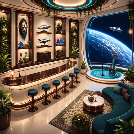 z1os,  ultra detailed. Empty anime science fiction bar lounge inside an orbital station near Earth,  slightly elevated dia...