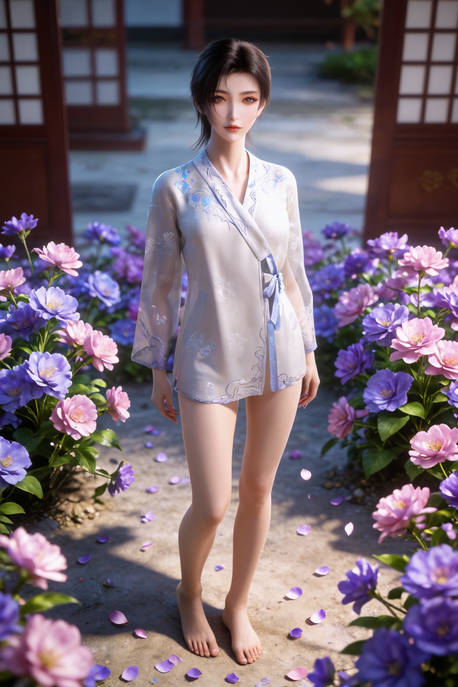 masterpiece,best quality,amazing quality,very aesthetic,high resolution,ultra-detailed,absurdres,scenery,photorealistic,looking at viewer,moody lighting,peach blossom,falling petals,realistic,photorealistic details,<lora:神墓-龙舞-睡衣Pony:0.7> 1girl,short hair,, black hair, brown eyes,korean clothes,, long sleeves, see-through, standing,full body,flower,barefoot,indoors,blurry,bare legs,from above,blue folwer,purple flower,arms at sides,carpet,