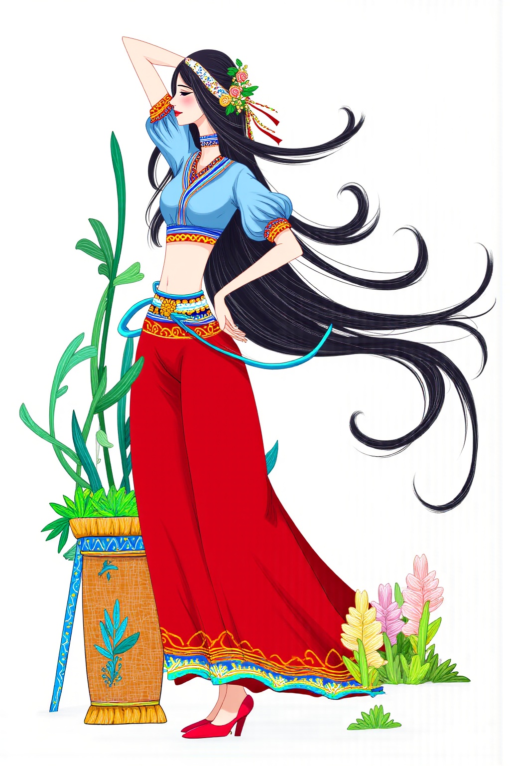 SK,SK,A stylized illustration depicts a black haired woman dressed in traditional attire,dancing,