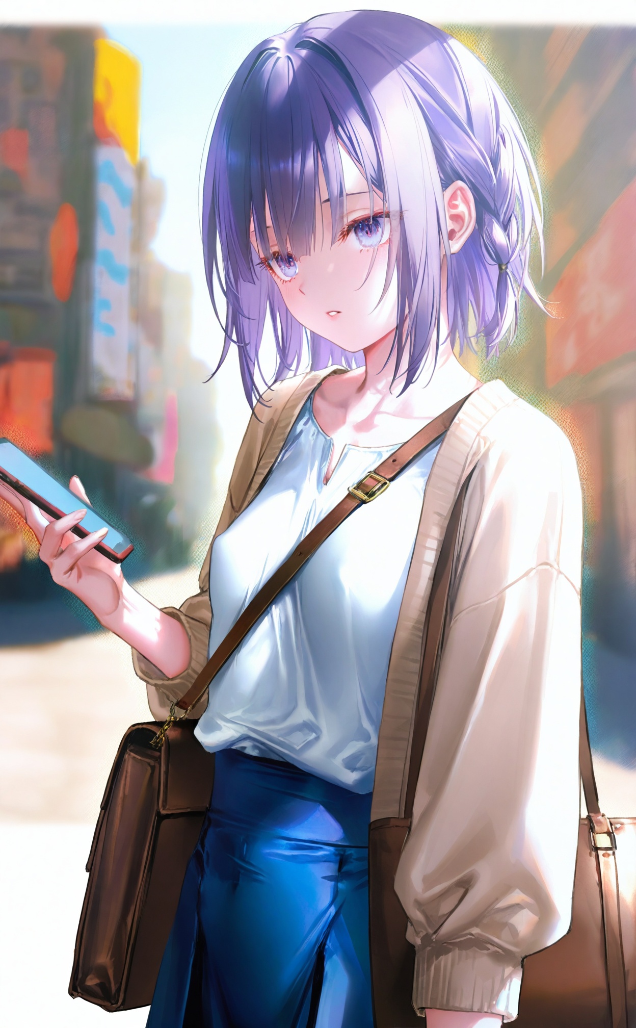 masterpiece,best quality,high quality,loli,{{artist:pottsness}},[[artist:onineko]][[artist:as109]],artist:ciloranko,artist:john kafka,artist:wanke,artist:betabeet,artist:quasarcake,(artist:alphonse \(white datura\):0.3),(artist:fkey:0.1),(artist:konya karasue:0.2),(artist:dino \(dinoartforame\):0.8),(wlop:0.7),1girl,solo,bag,phone,holding phone,purple eyes,blue skirt,holding,shirt,looking at viewer,white shirt,skirt,cellphone,blurry background,blurry,collarbone,short hair,blush,long sleeves,open clothes,smartphone,parted lips,outside border,braid,shoulder bag,purple hair,outdoors,open cardigan,cardigan,breasts,handbag,brown bag,border,brown jacket,medium breasts,depth of field,white border,eyes visible through hair,jacket,shirt tucked in,(Artist:toosaka asagi),