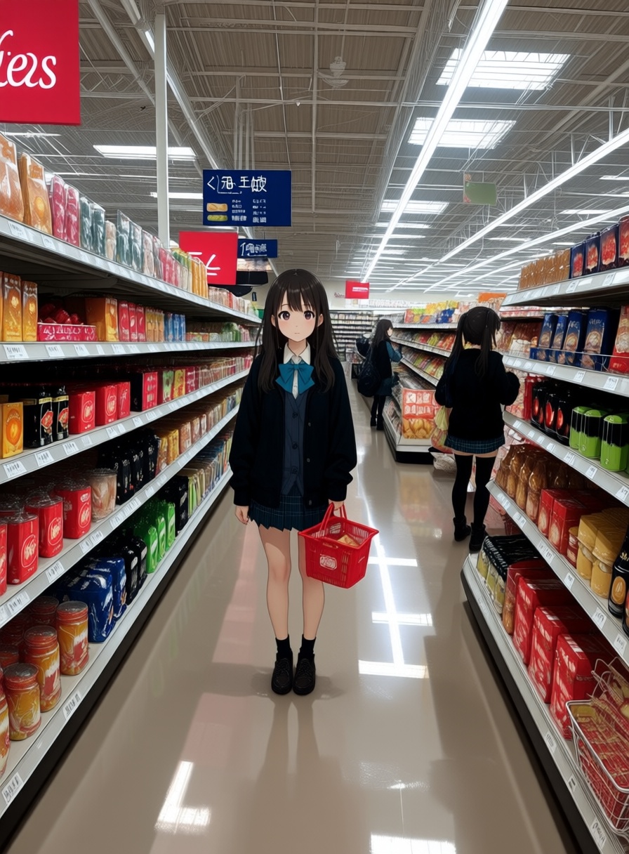 anime girl shopping inside a real modern supermarket,  photorealistic shelves,  products on Tensor.Art