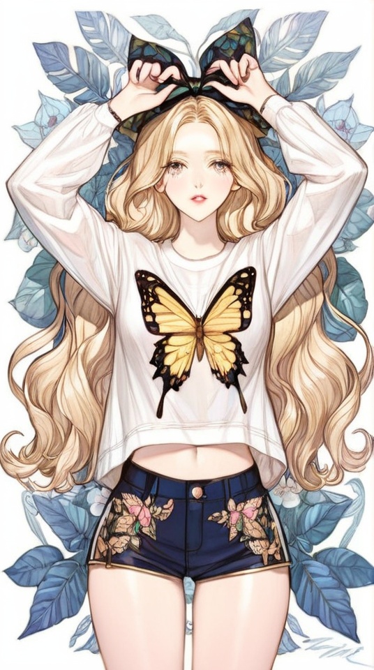 (best quality), ((masterpiece)), (highres), illustration, original, extremely detailed, <lora:NO Name Art:0.7>1girl, solo, bug, butterfly, flower, long sleeves, long hair, print shirt, signature, shirt, leaf, parted lips, blonde hair, cowboy shot, white background, skirt, animal print, bow, shorts, arms up, hair bow
