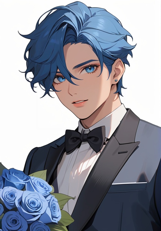 (best quality), ((masterpiece)), (highres), illustration, original, extremely detailed . <lora:日式动漫人设BOY版XL:0.8>jjj, 1boy, male focus, blue eyes, bow, flower, bowtie, solo, blue hair, formal, bouquet, upper body, artist name, suit, shirt, black bow, looking at viewer, white shirt, parted lips, jacket, black bowtie, simple background