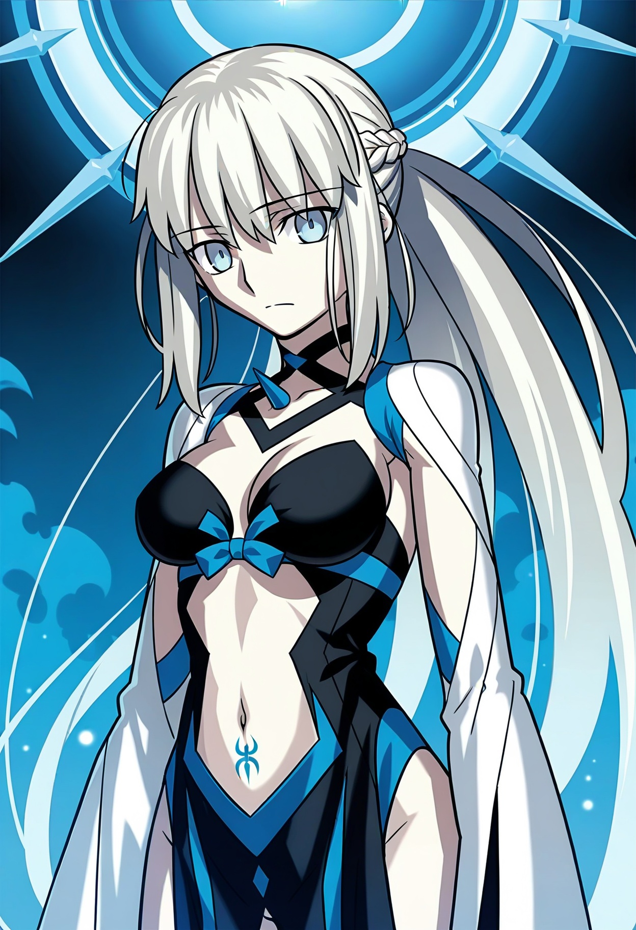 takeuchi takashi,fate \(series\),fate/grand order,morgan le fay \(fate\),1girl,bare hips,blue eyes,breasts,cleavage,closed mouth,expressionless,long hair,looking at viewer,medium breasts,midriff,navel,solo,stomach,white hair,